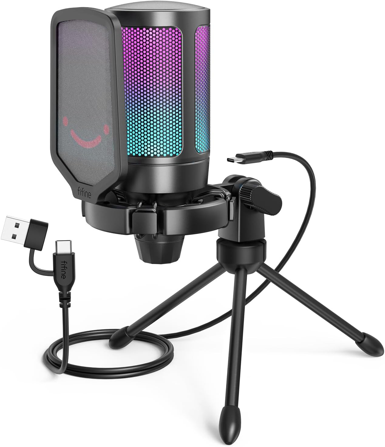 FIFINE Gaming USB Microphone for PC PS5, Condenser Mic with Quick Mute, RGB Indi
