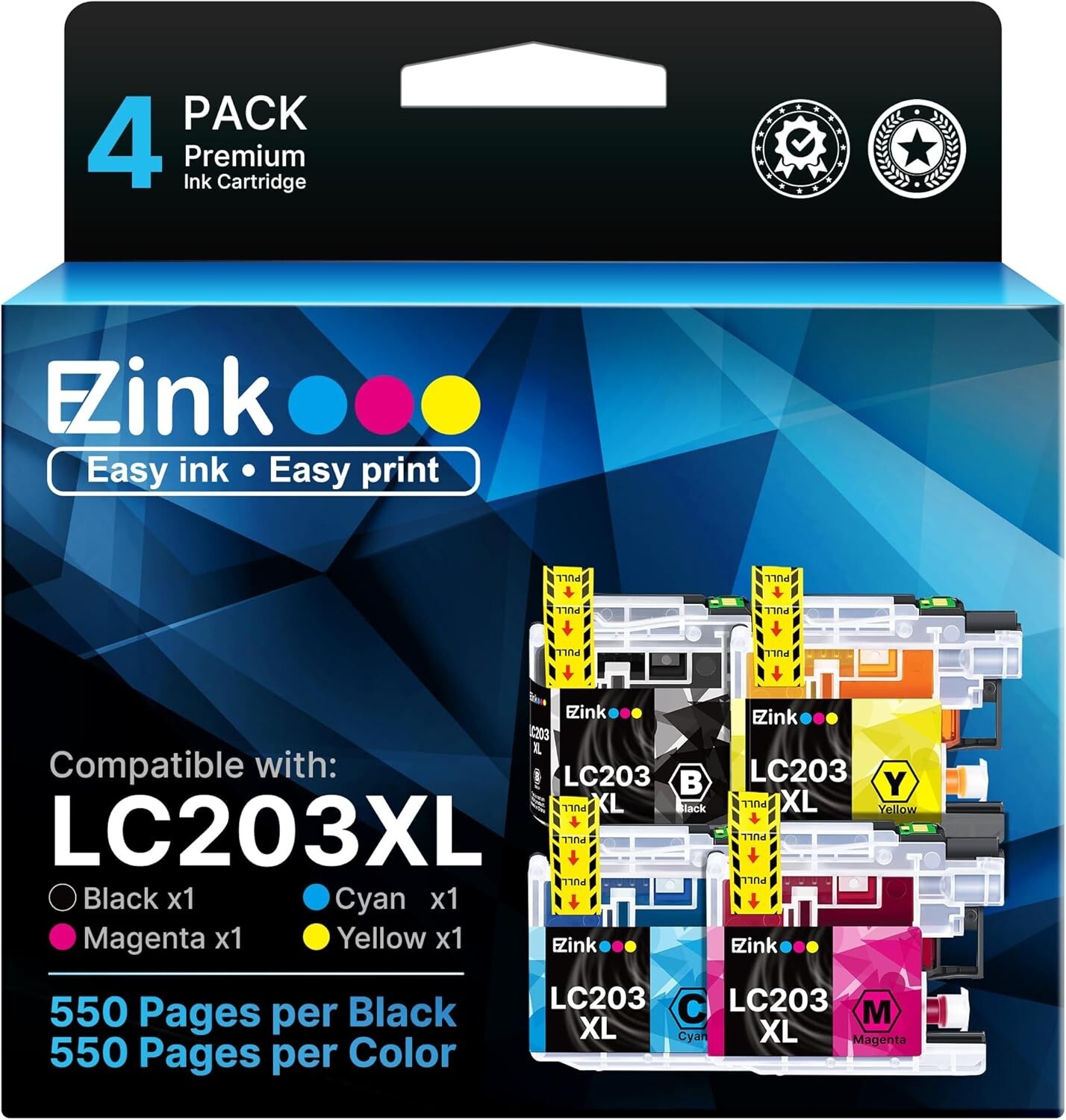E-Z Ink LC203XL Compatible Ink Cartridges for Brother LC203 LC201 4 Pack