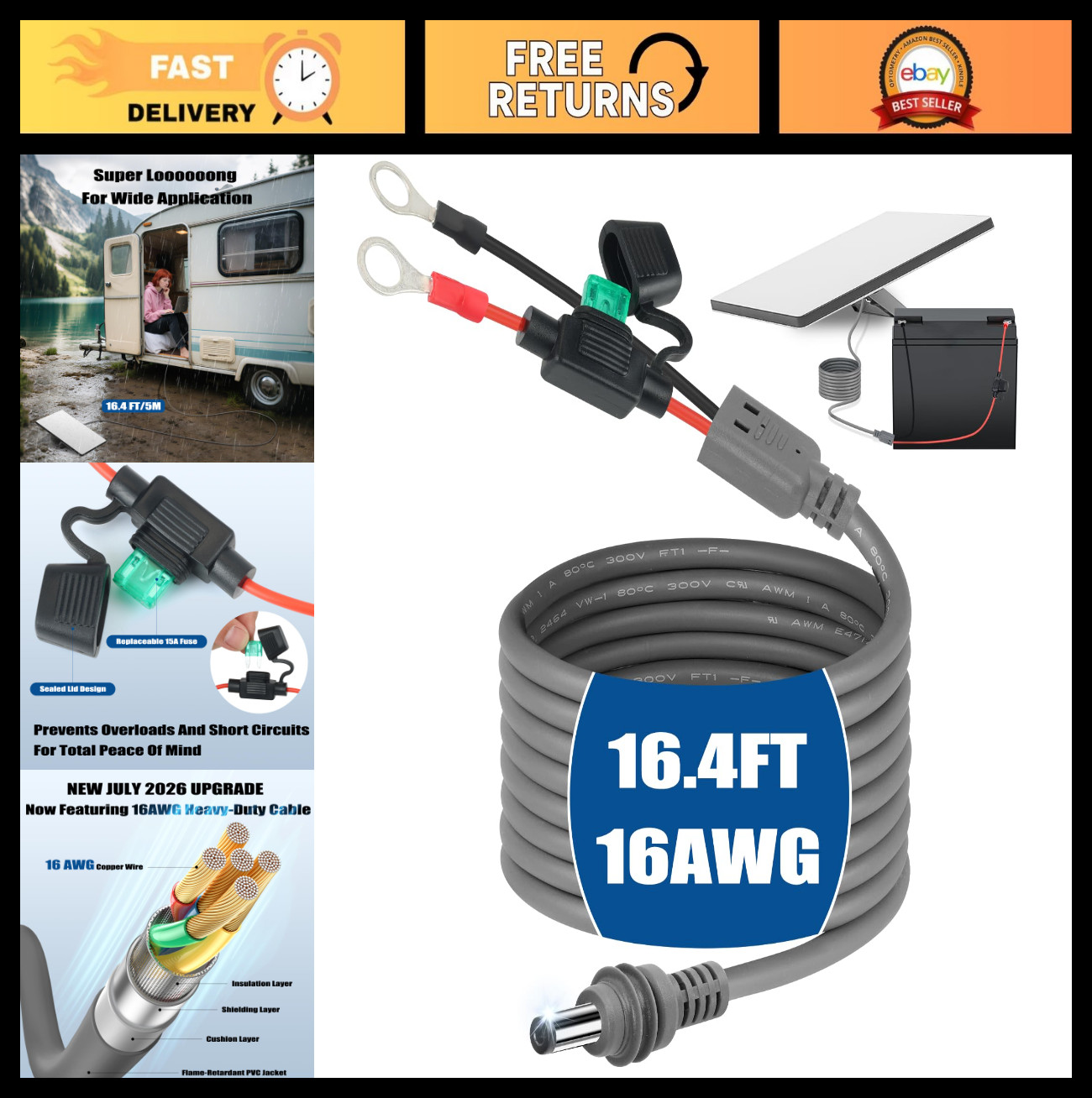 16.4FT Waterproof 16AWG Power Cable for Starlink Mini - Direct Car, RV, Marine U