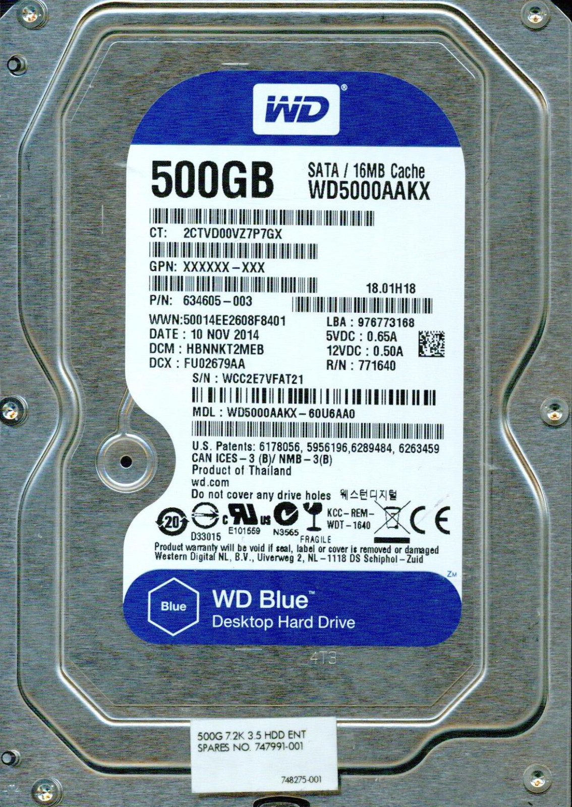 WD5000AAKX-60U6AA0,  DCM: HBNNKT2MEB   WESTERN DIGITAL SATA 500GB WCC2E