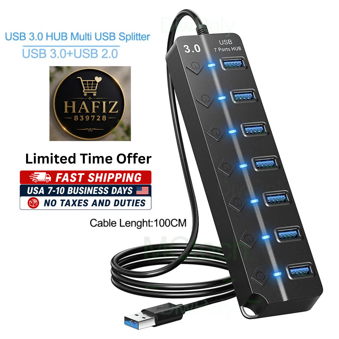 USB 3.0 Hub, 7-Port USB Data Hub Splitter with 3Ft Long Cable USB Extension for