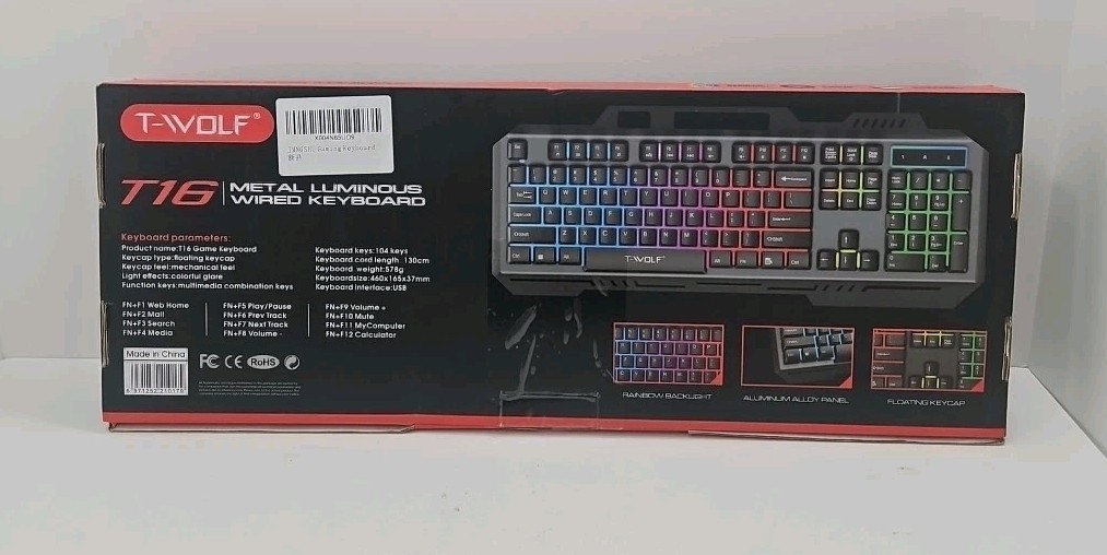 T-Wolf T16 Metal Luminous Wired Gaming Keyboard RGB Backlit Durable