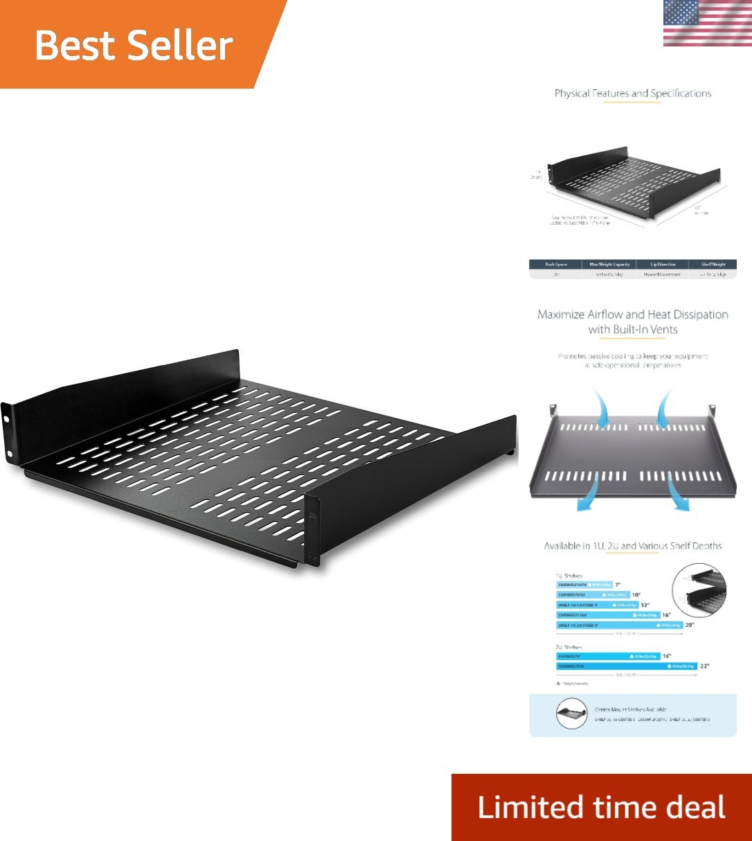 Durable 2U Cantilever Rack Shelf - 19'' Fit, Vented, 50lb Capacity for Equipment