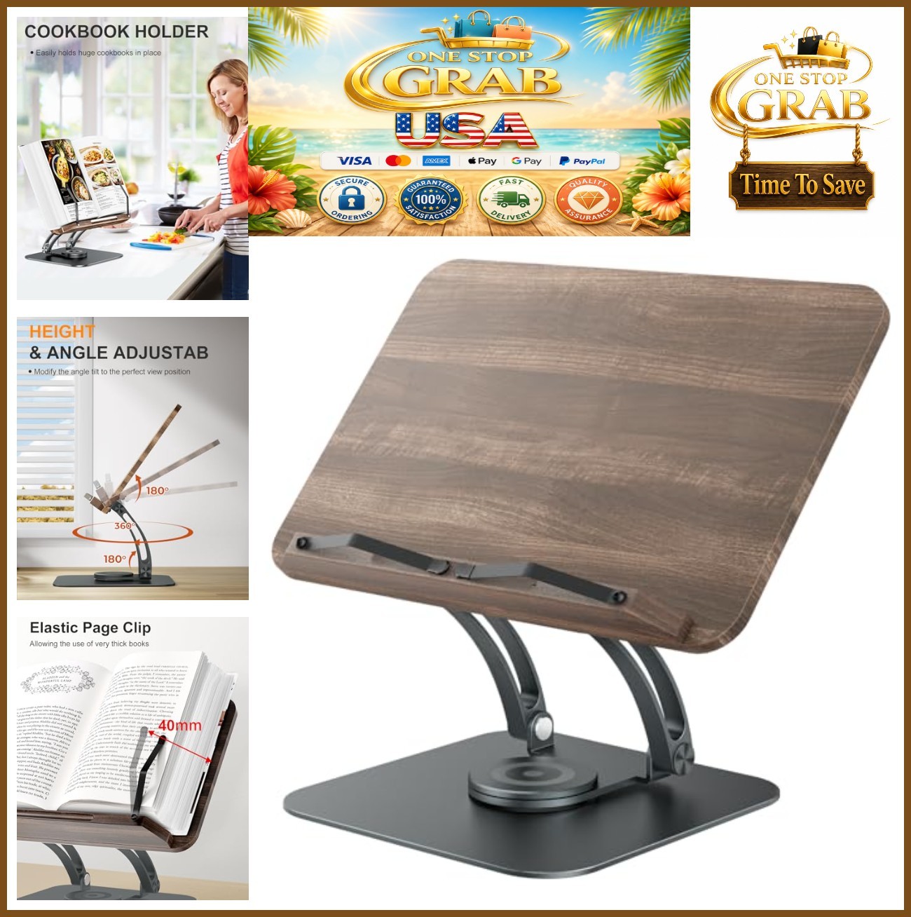 Book Stand Adjustable 360 Degree Swivel Foldable Desk Holder with Page Clips