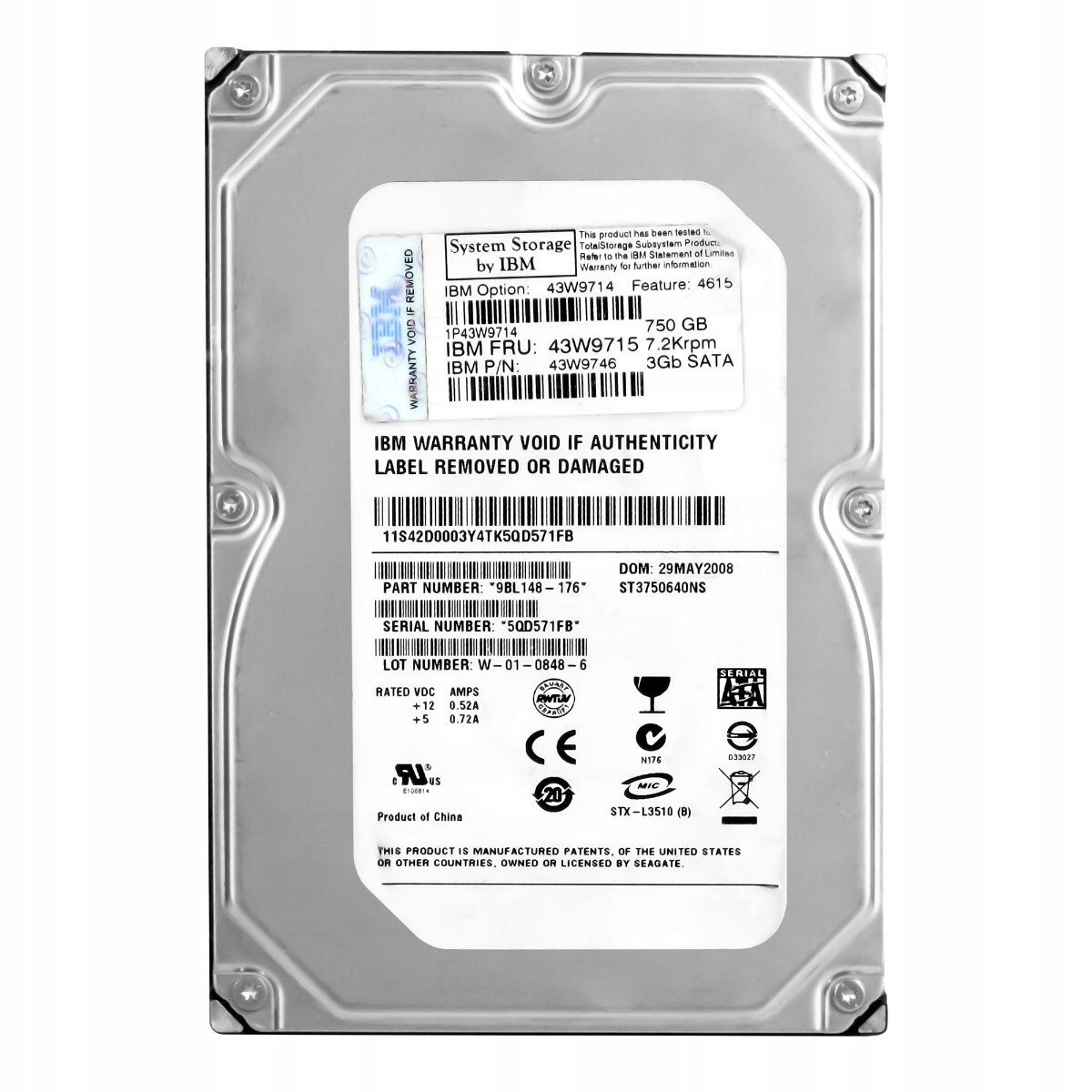 IBM 43W9714 750GB 7.2K 3.5" SAS HDD – Enterprise Server Hard Drive, W/O Trays