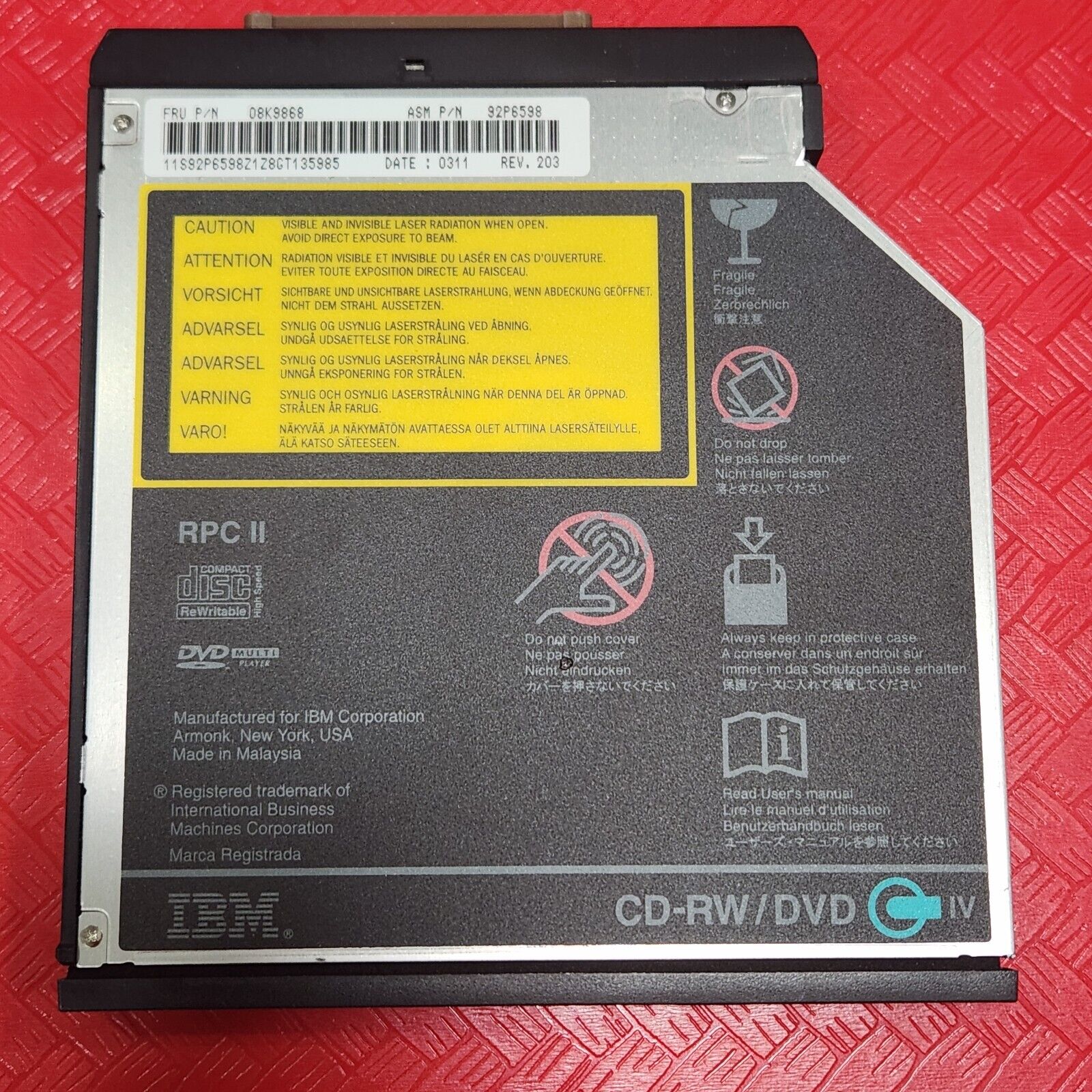 IBM ThinkPad CD-RW/DVD Combo Internal Drive 24x/10x/8x A T R Series FRU 08K9868