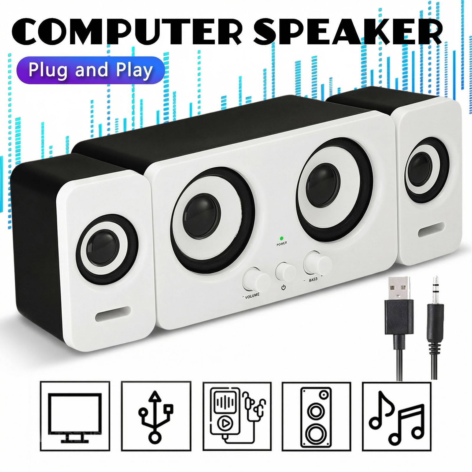 Computer Speakers USB Powered Plug and Play 3.5mm AUX Bass Wired for Desktop PC