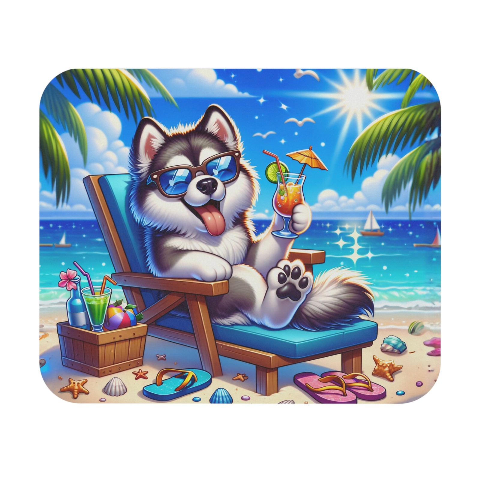Relaxing Husky at Beach Mouse Pad | Tropical Dog Summer Scene