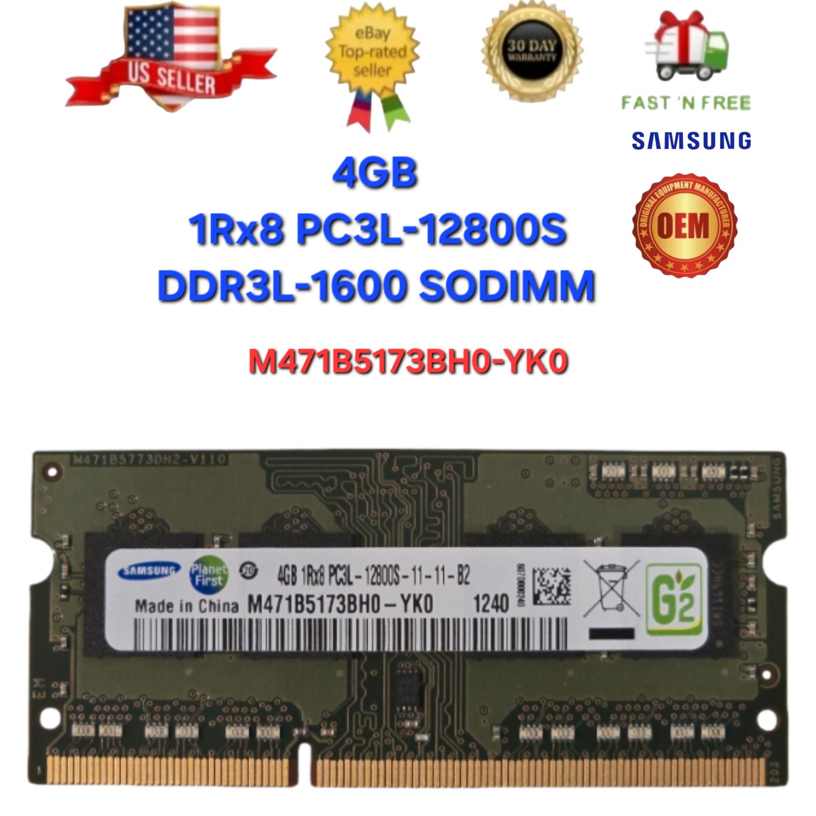Samsung 4GB 1Rx8 PC3L-12800S DDR3L-1600 SODIMM Laptop RAM M471B5173BH0-YK0
