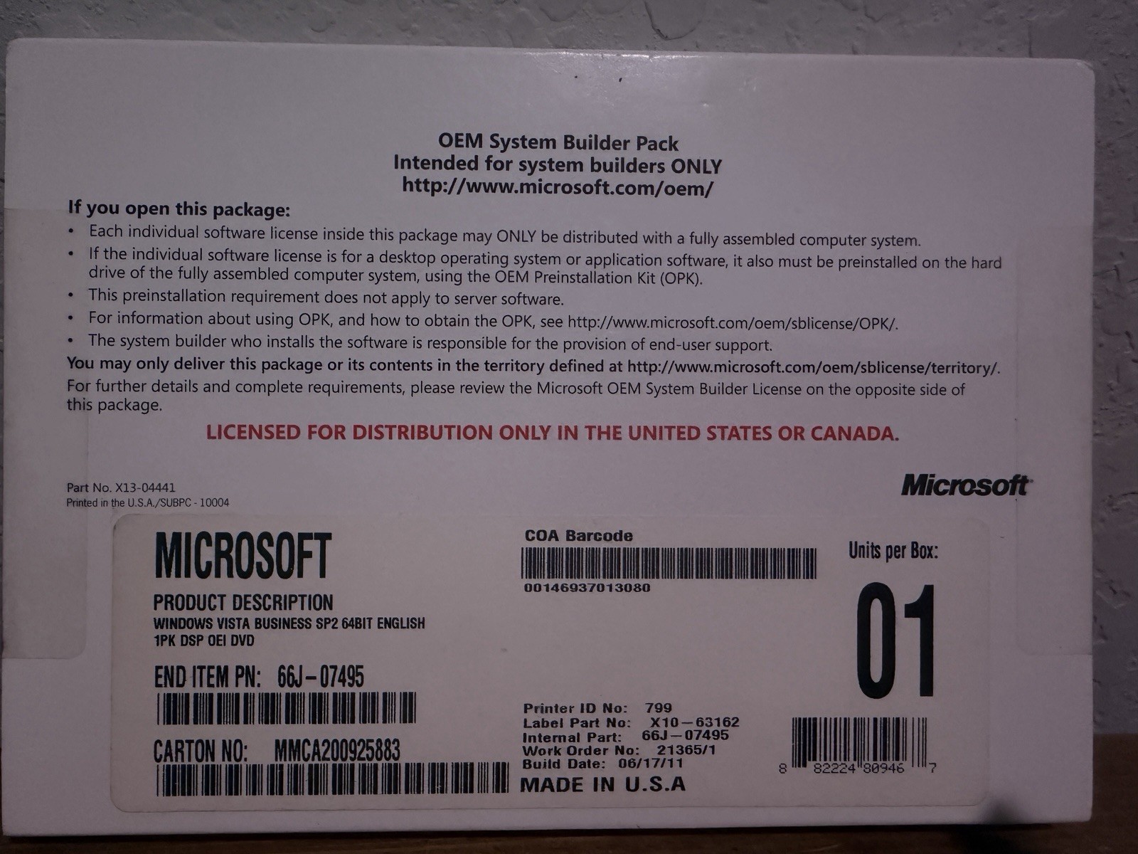 Microsoft OEM System Builder Pack Windows Vista Business SP2 64Bit DVD