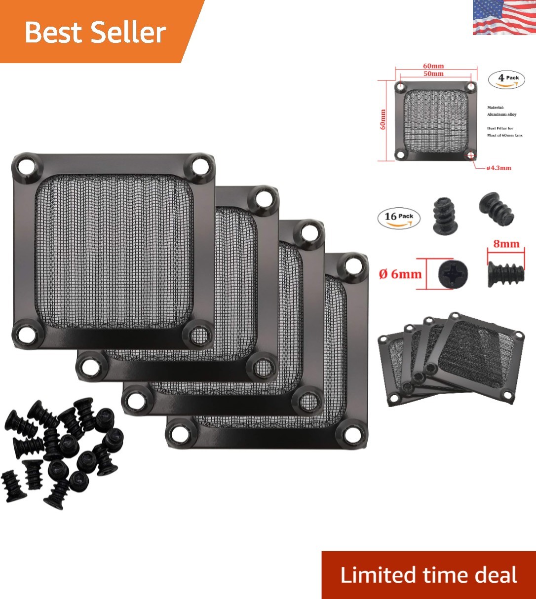 Advanced 4-Pack 60mm PC Fan Filters - Black Aluminum with Mesh for Clean Cooling