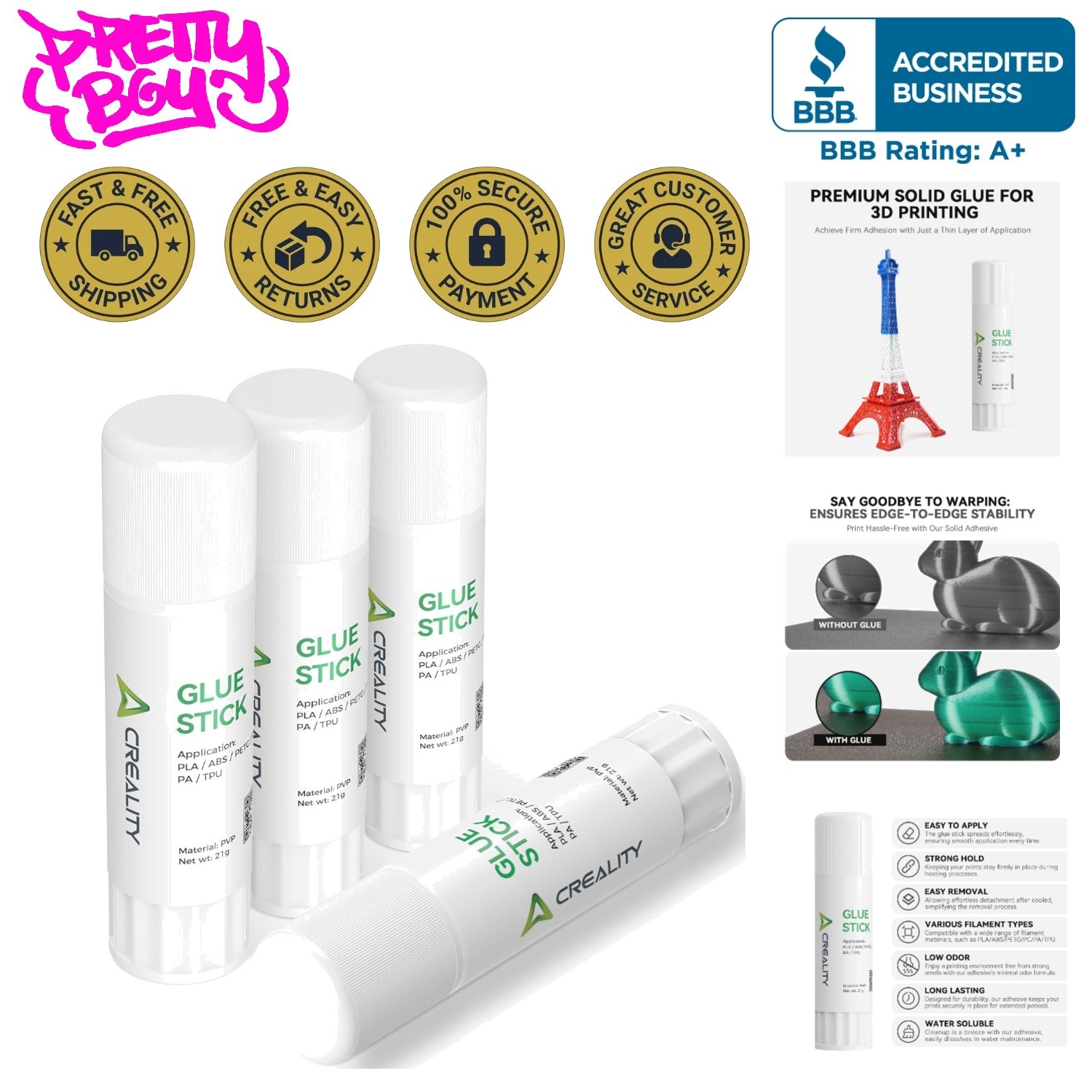 PVP Solid Adhesive Glue Sticks for 3D Printing - Versatile & Reliable 4 Pack