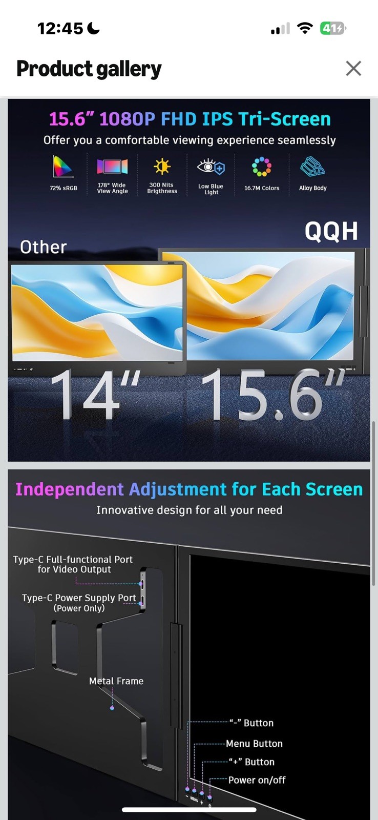 QQH Portable Laptop Screen Extender 15.6" 1080P Triple Monitor Extender