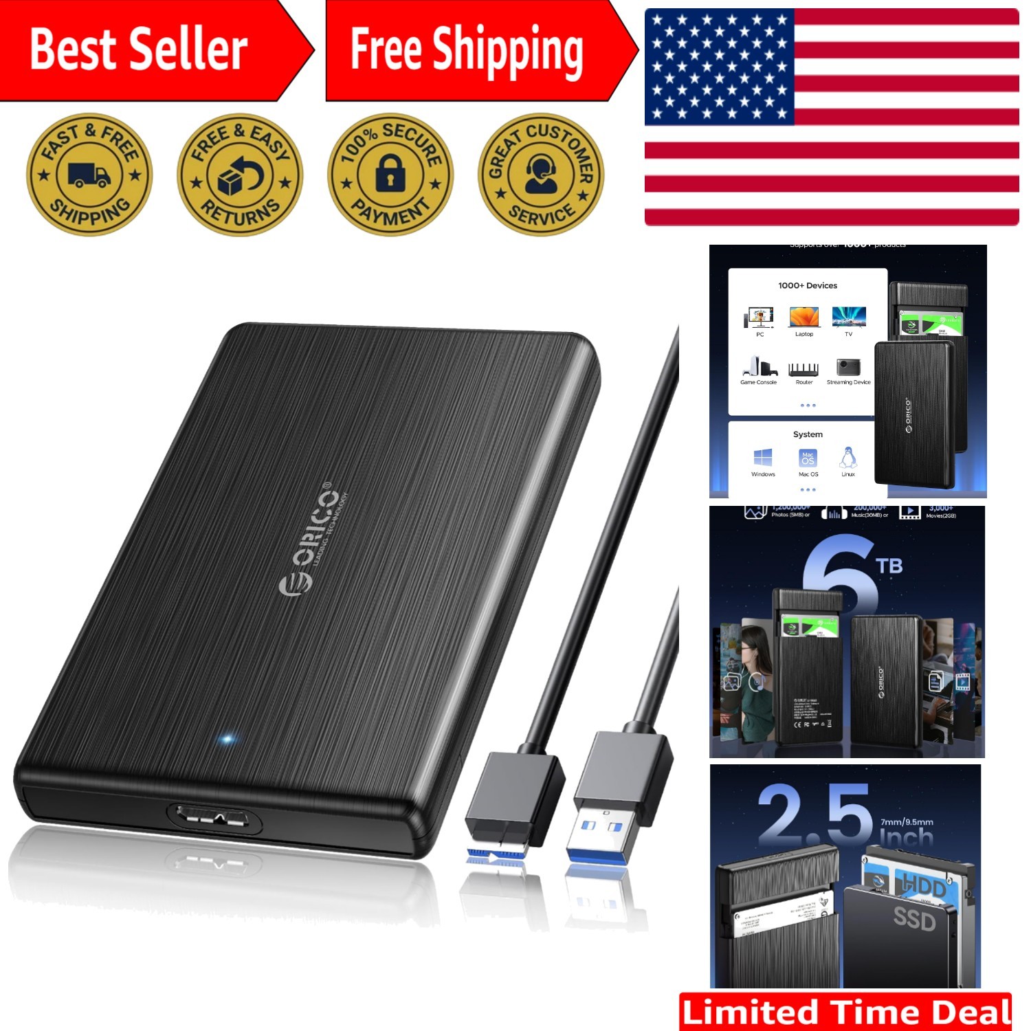 Compact USB 3.0 to SATA III 2.5" Hard Drive Enclosure - Tool-Free Setup, 6TB