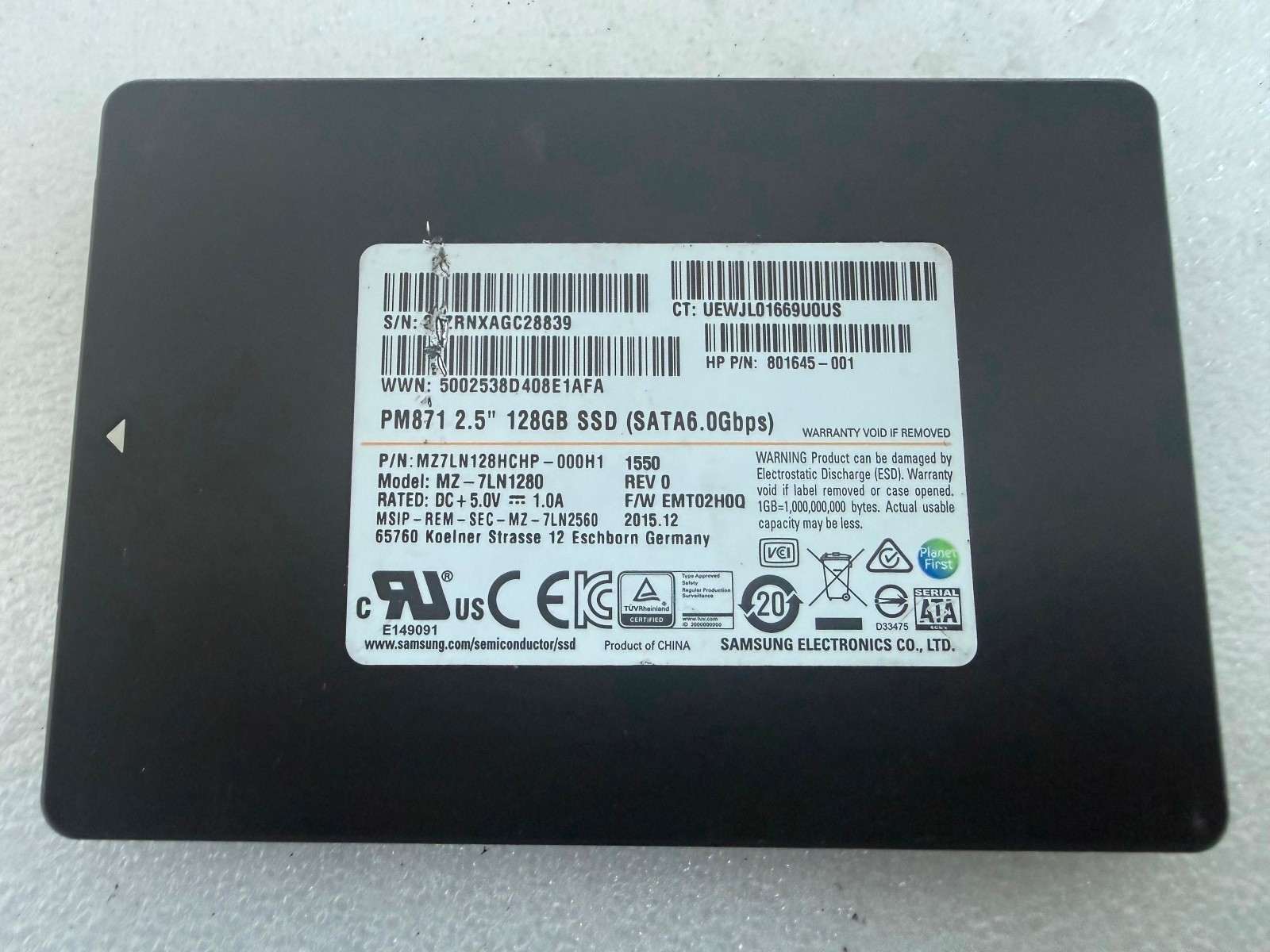Samsung PM871 128GB SATA 2.5" SSD MZ-7LN1280 HP P/N 801645-001
