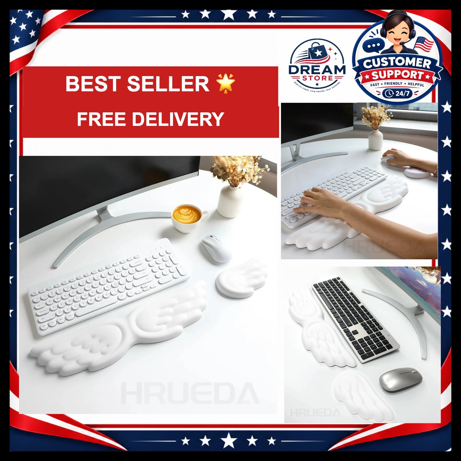 Keyboard Mouse Wrist Rest Angel Wing Memory Foam Mouse Pad Set Wrist Support