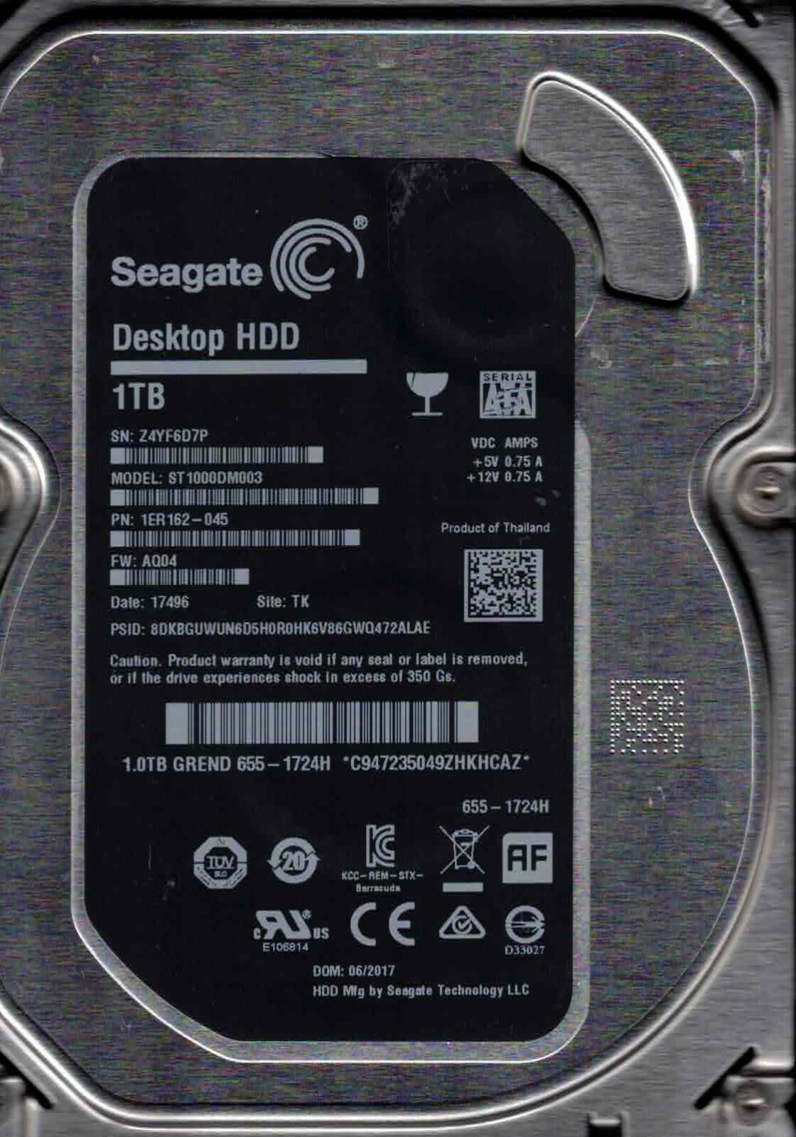 ST1000DM003, 1ER162-045,  AQ04,  TK,  Z4YF,   SEAGATE SATA 1TB  17496