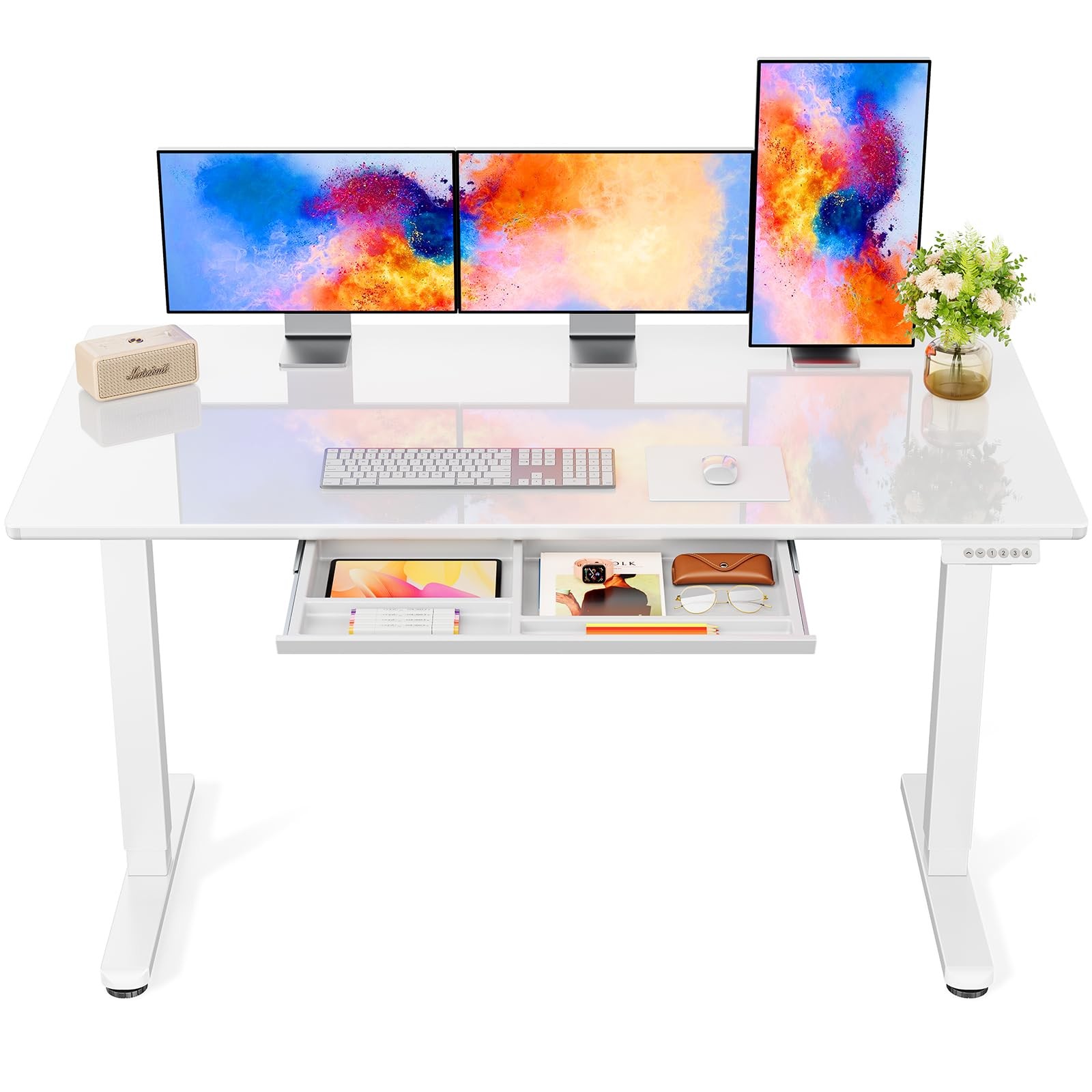 Glass Standing Desk 55 x 28 Inch Adjustable Ergonomic 4 Preset Marsail Drawer