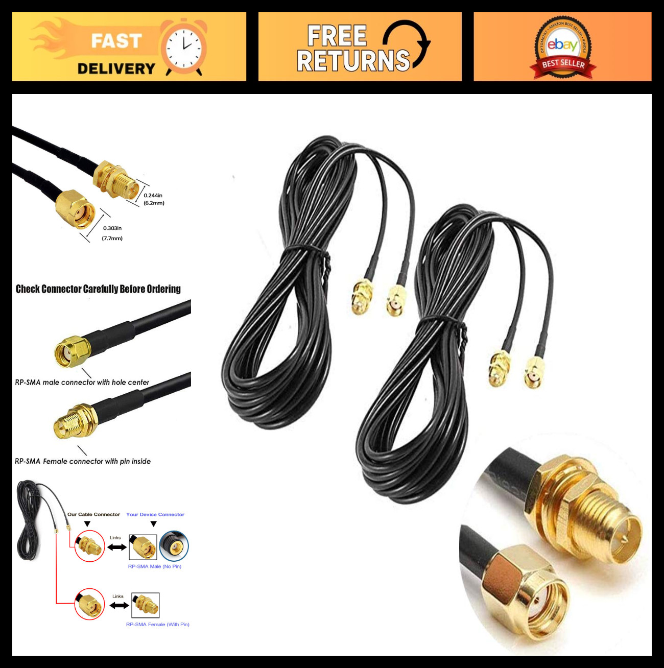 33ft WiFi Antenna Extension Cable 2-Pack, RP-SMA Male/Female Connector for Route