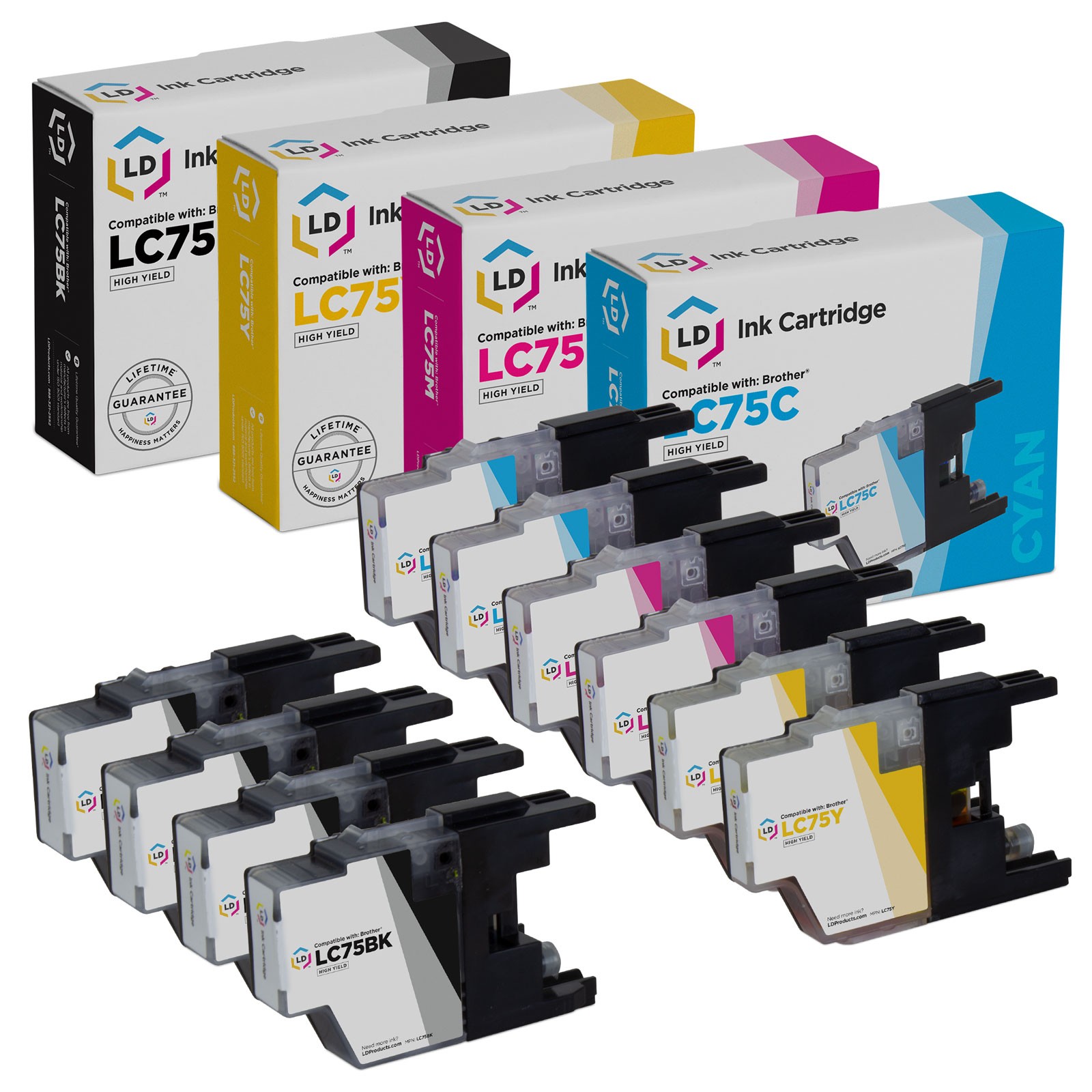 LD 10 Pack LC75 HY Black & Color Ink Cartridge Set for Brother Printer