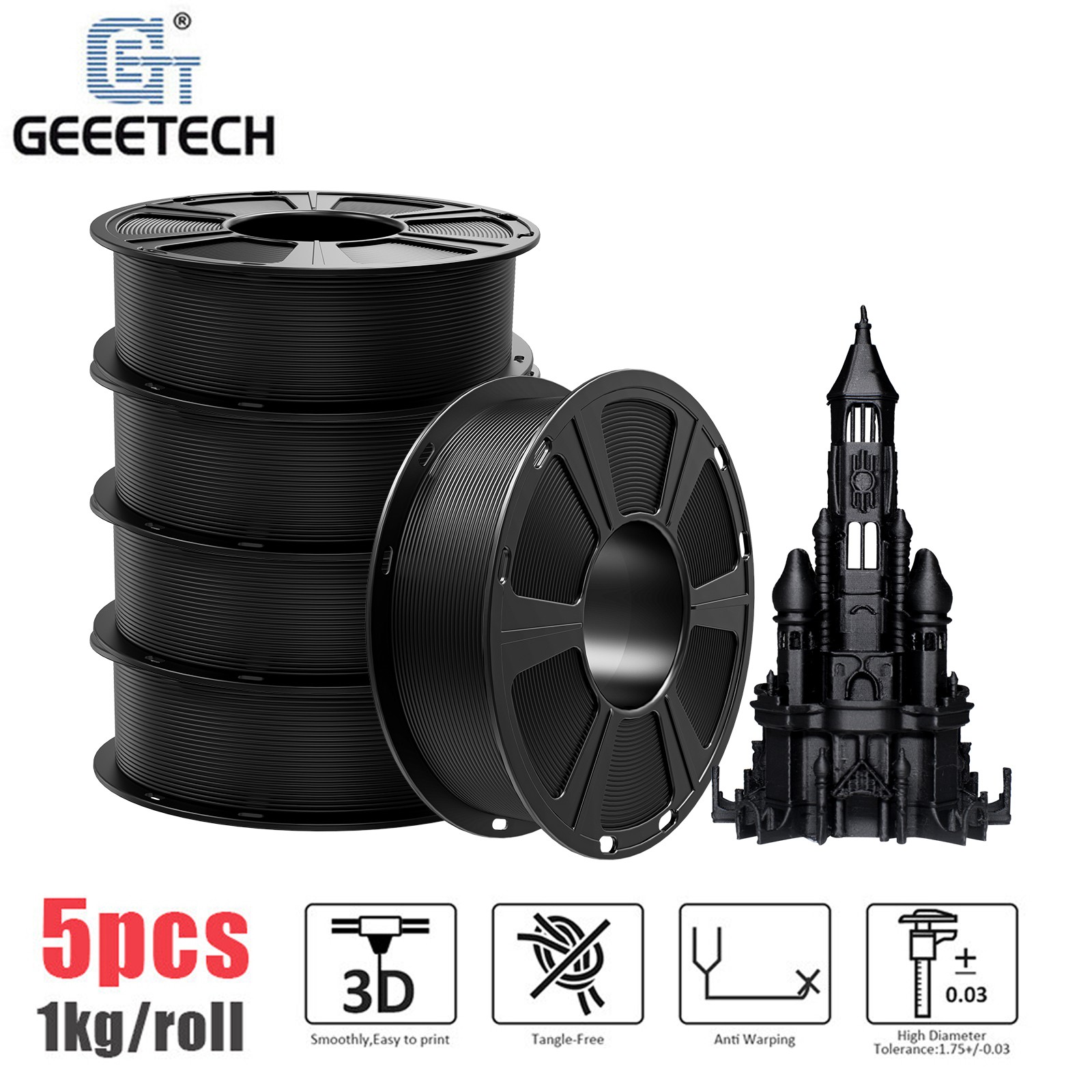 5kg 1kg/roll Regualr PLA Black GEEETECH 3D Printer Filament 1.75mm Consumables