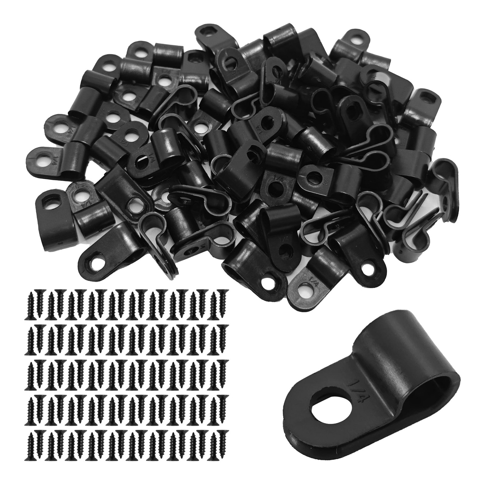 100 PCS RType Cable Clips 1/4 Inch Black Nylon Wire Clamps Mounting Screws