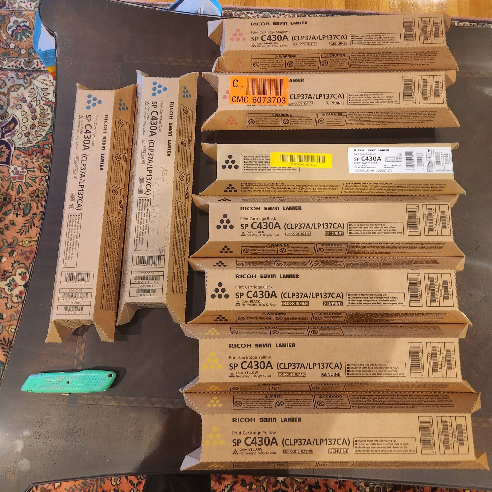 (9) Genuine OEM Ricoh SP C430A Color Toner Cartridges CMY Bk