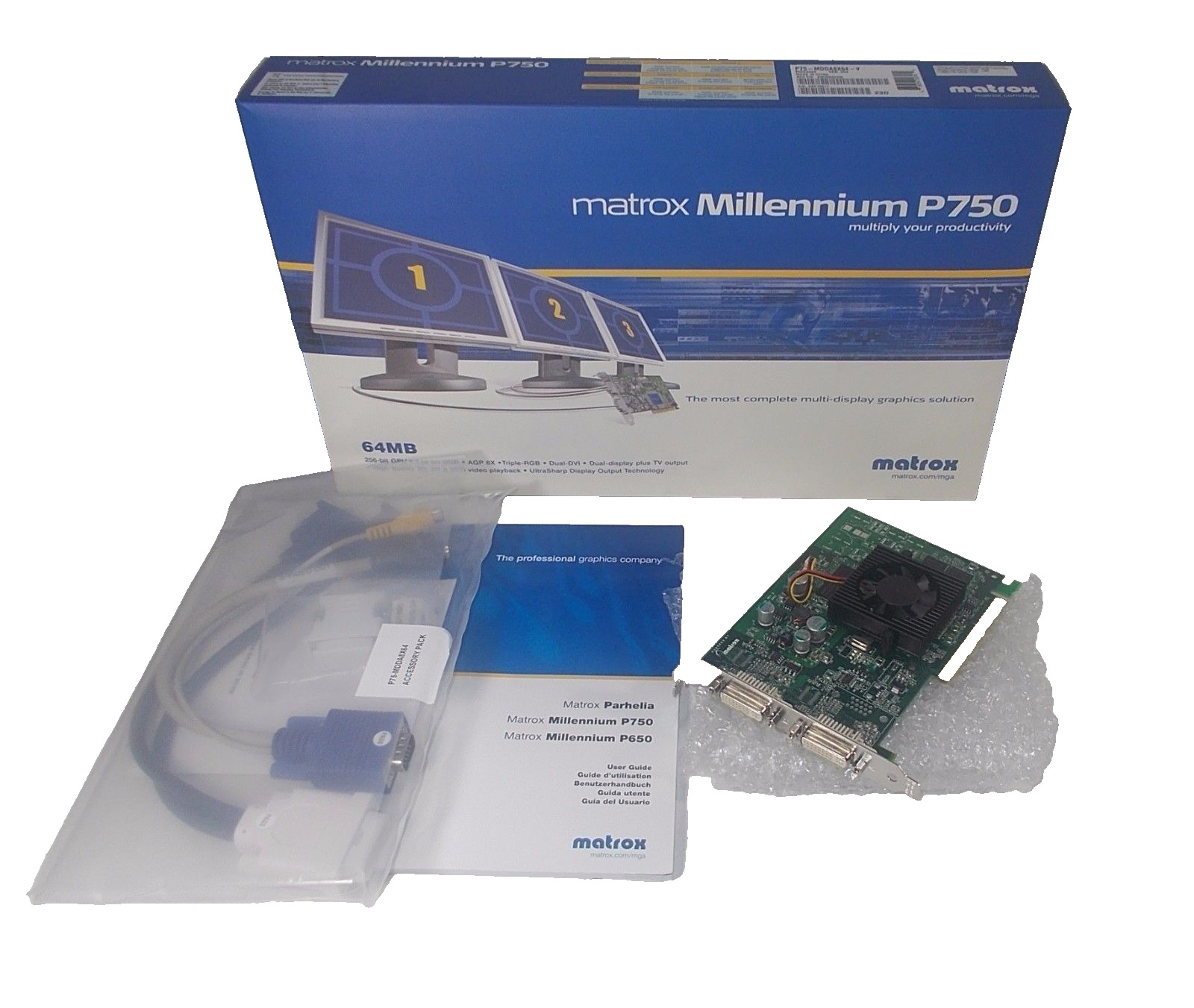 New Matrox Millennium P750 64MB AGP Video Card w/ Cables and Drivers