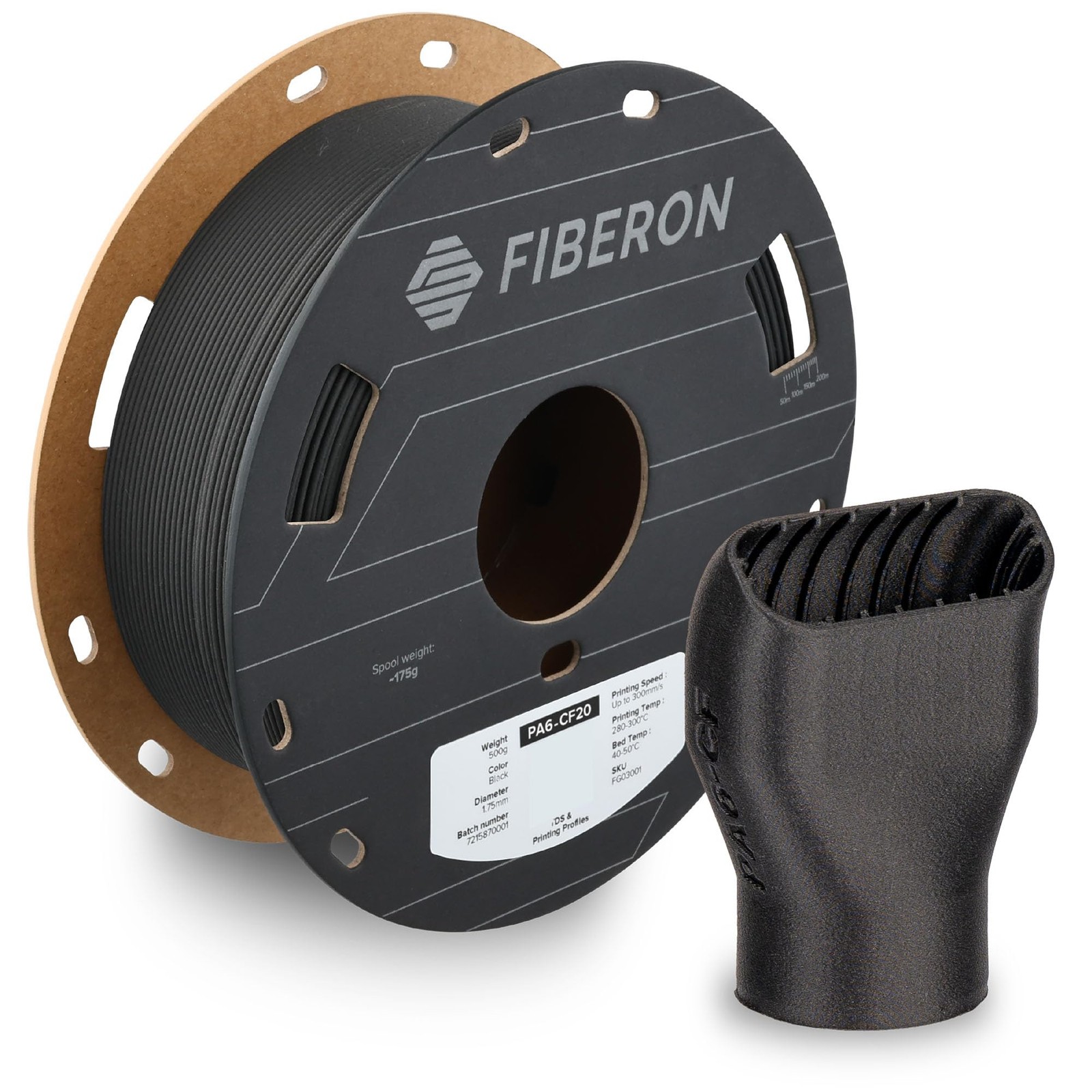 Polymaker Fiberon PA6CF20 Carbon Fiber Nylon Filament 1.75mm, Black, 0.5kg