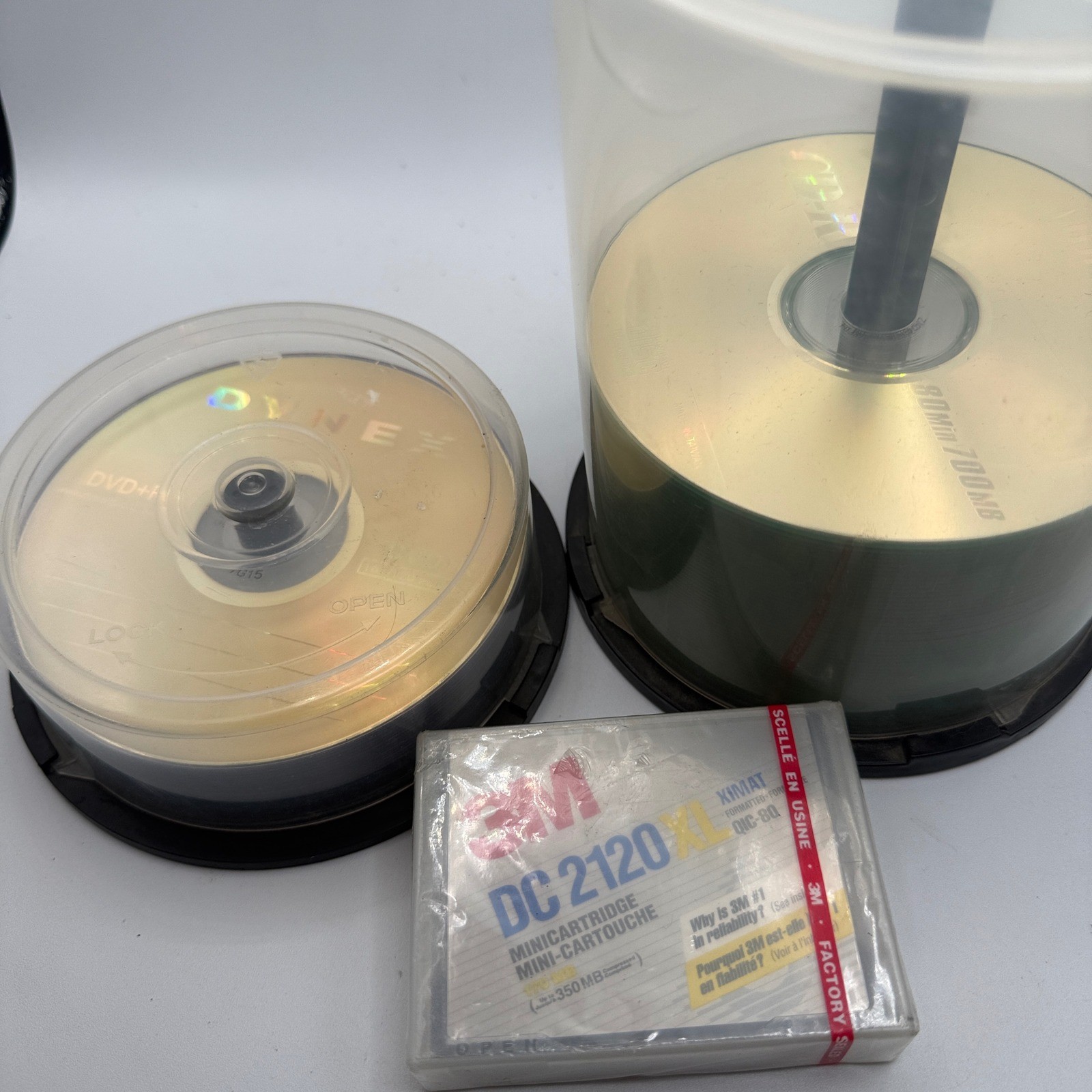 Mixed Media Lot Dynex DVD+R Fujifilm CD-R 3M DC 2120 XL Mini Cartridge Tape
