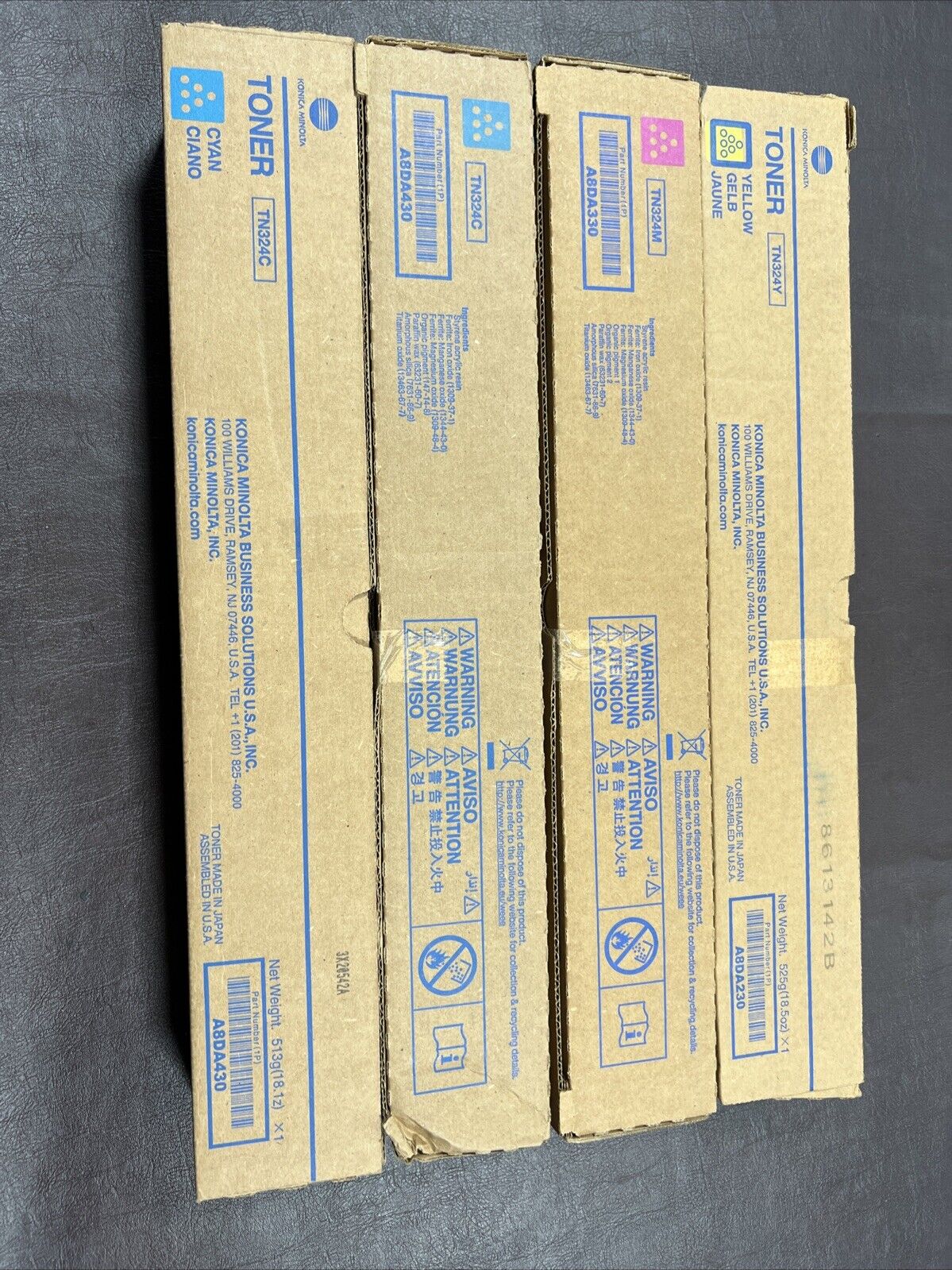 New Konica Minolta TN324 OEM Toner Set, TN324Y,TN324M,qty 2 TN324C