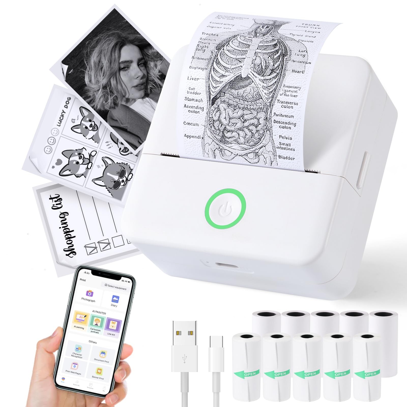 cudinham Mini Sticker Printer, X6 Print Pod with 10 Rolls Thermal 0, White