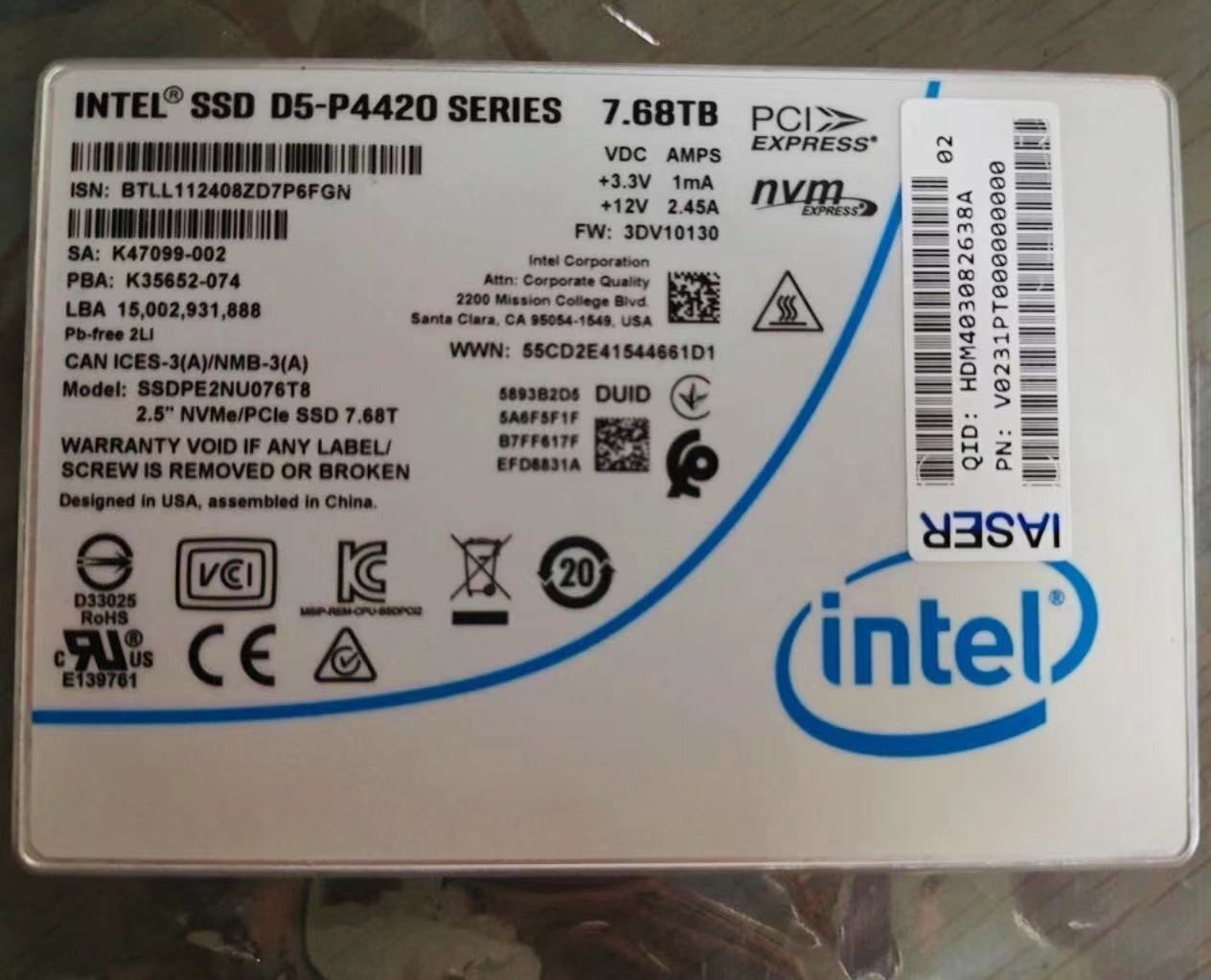 Intel D5-P4420 7.68TB SSD Series DC NVME U.2 2.5" SSDPENU076T8 Solid State Drive