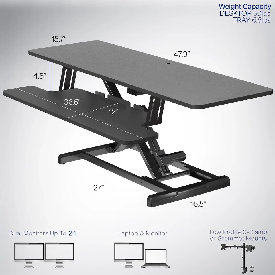 VIVO Black Electric 47" Standing Desk Monitor Riser, Dual Arm Sit Stand Tabletop