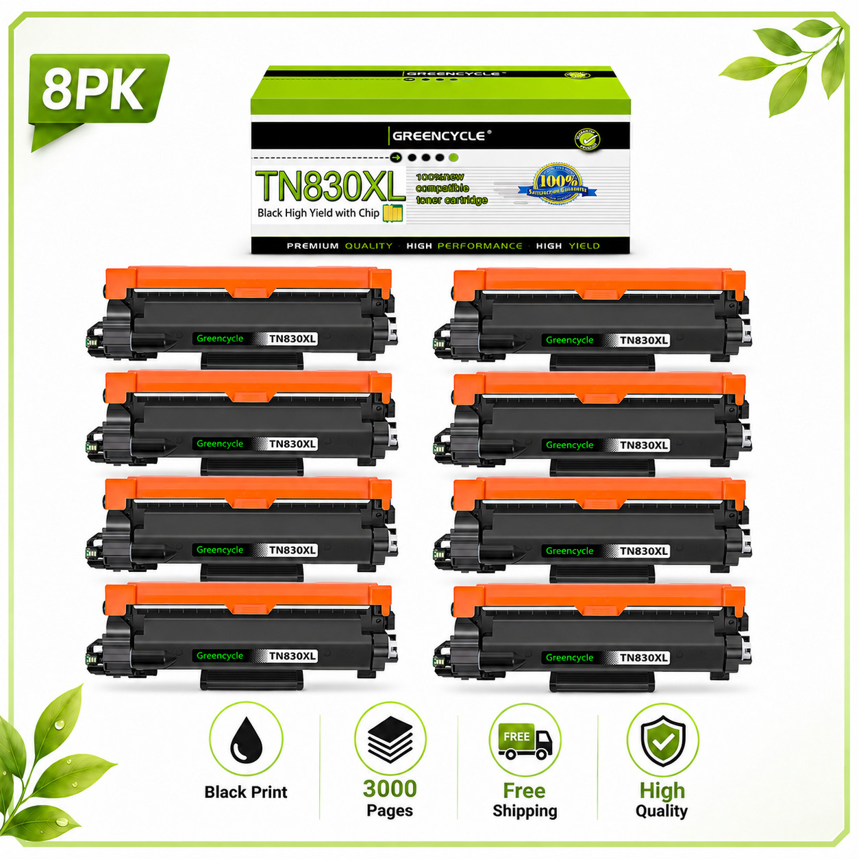 8Pc Black Laser Toner Replacement TN830XL for Brother HL-L2460DW L2405W L2480DW