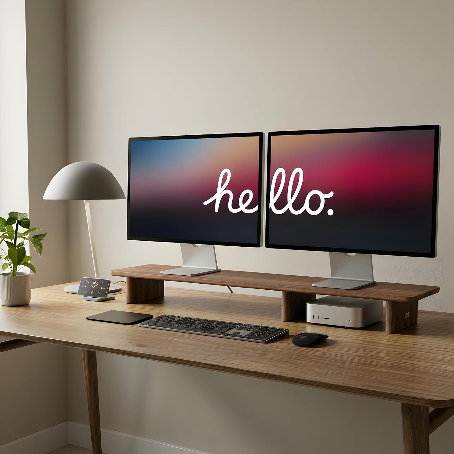 Walnut Dual Monitor Stand Riser - 43.3" Extra Long Wooden Monitor Stand