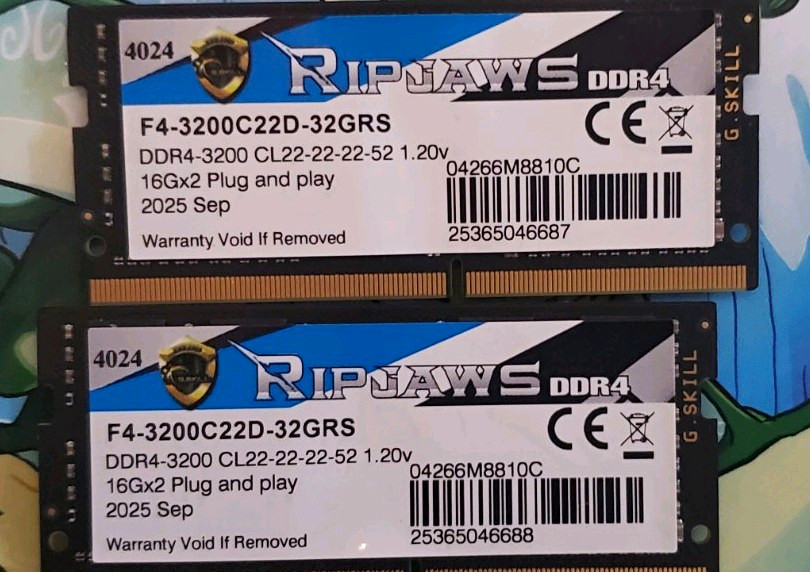 G.SKILL Ripjaws 32GB (2x16GB) DDR4-3200 CL22 SO-DIMM 260-Pin F4-3200C22D-32GRS