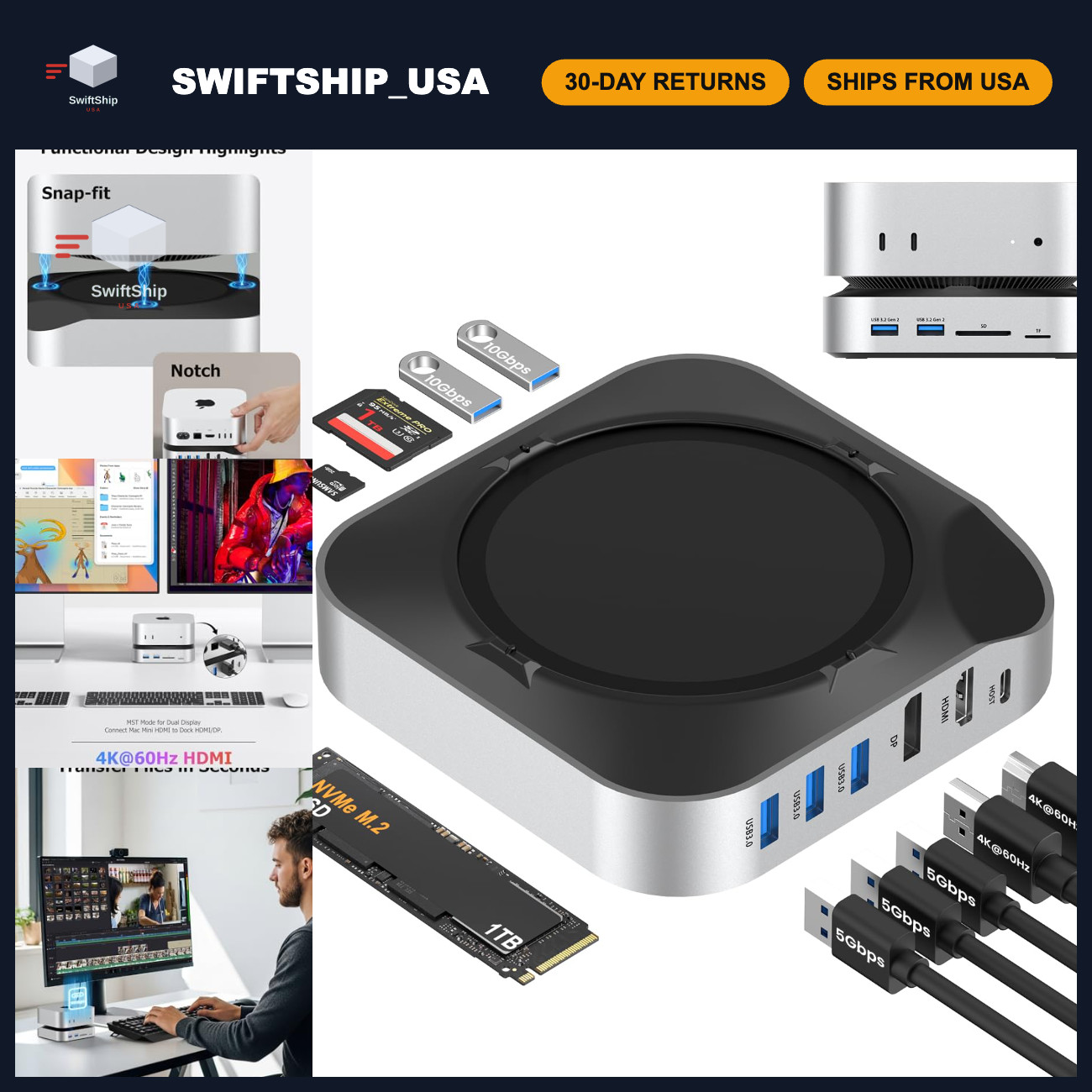 Mac Mini Docking Station with NVMe SSD Enclosure, Dual Monitor, 6-Port USB-C Hub