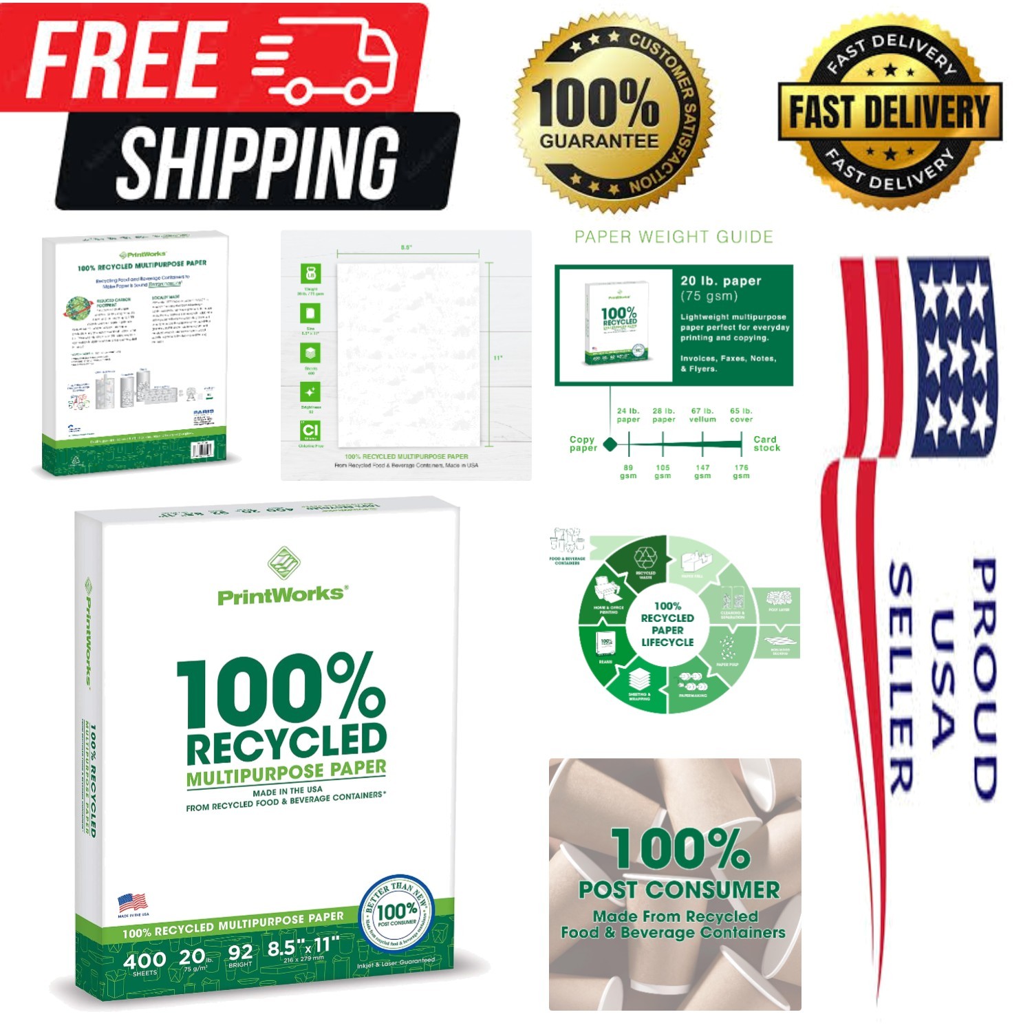 Eco-Friendly 100% Recycled Printer Paper, 8.5" x 11", 400 Sheets - Bright White