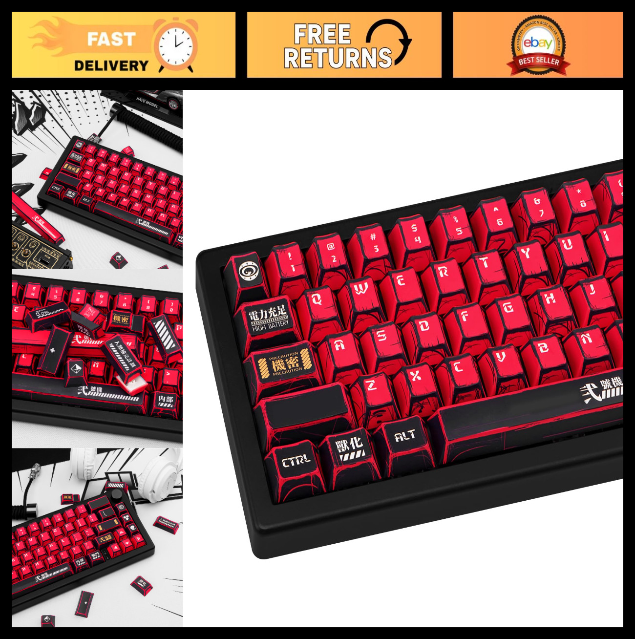 135 Keys Red & Black PBT Keycaps Set - Cherry Profile Manga Japanese Style for A