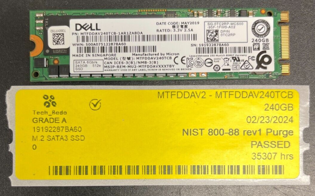 Dell TC2RP 240GB SATA SSD M.2 6Gbps Solid State Drive 512e MTFDDAV240TCB
