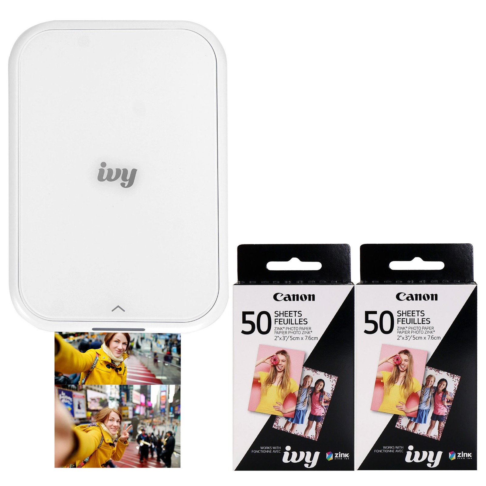 Canon IVY 2 Mini Photo Printer Pure White + 2x 2x3" ZINK Photo Paper (50 Sheets)