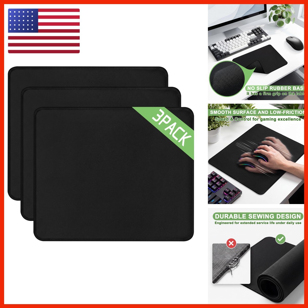 Jofuler 3 Pack Mouse Pad Stitched Edges Non-Slip Rubber Base Black