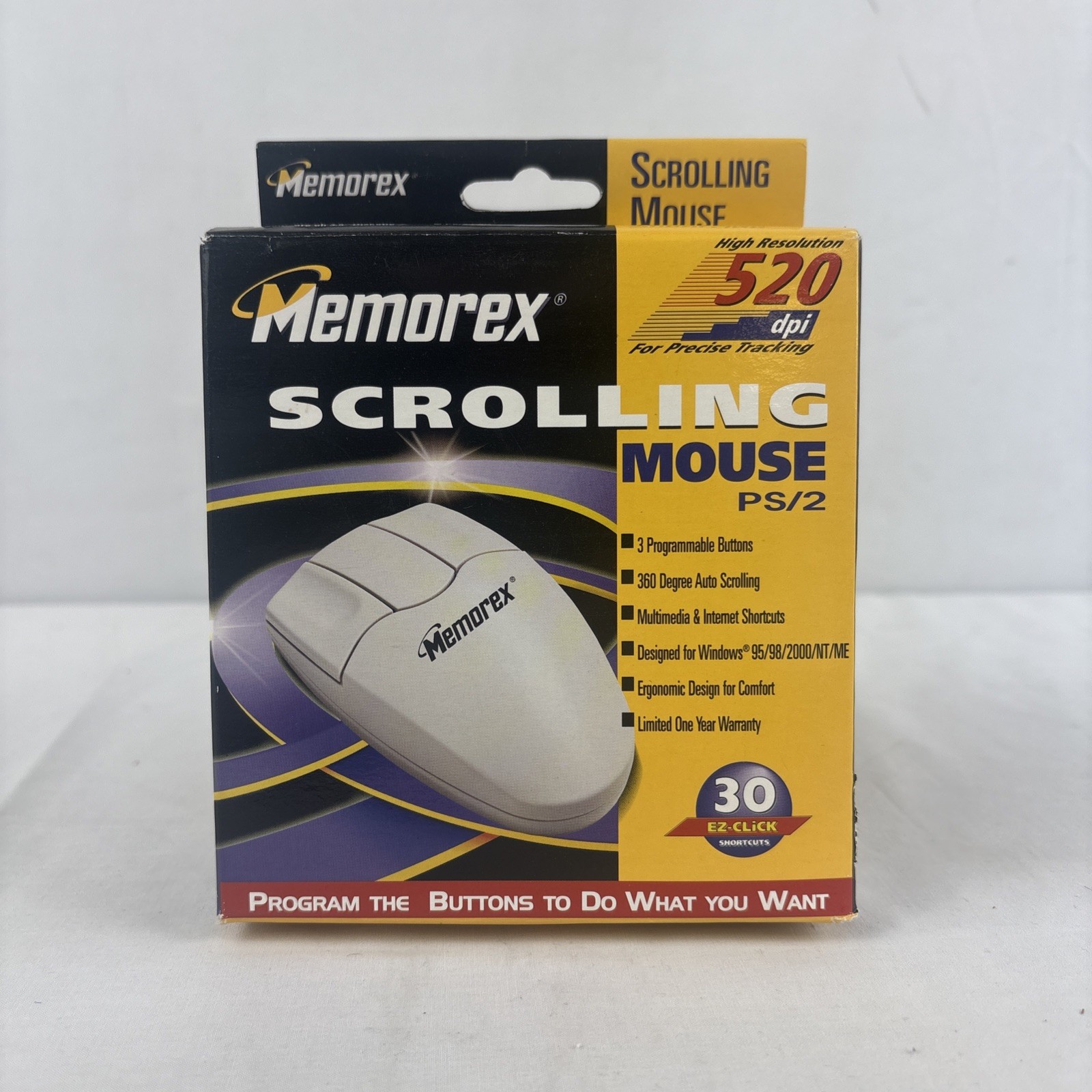 Memorex Scrolling Mouse PS/2 Programmable Buttons 520 DPI Vintage New In Box
