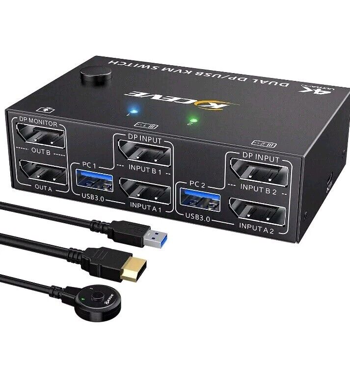 KCEVE DP HDMI USB 3.0 KVM Switch 2 Computer 2 Monitors, Dual Monitor