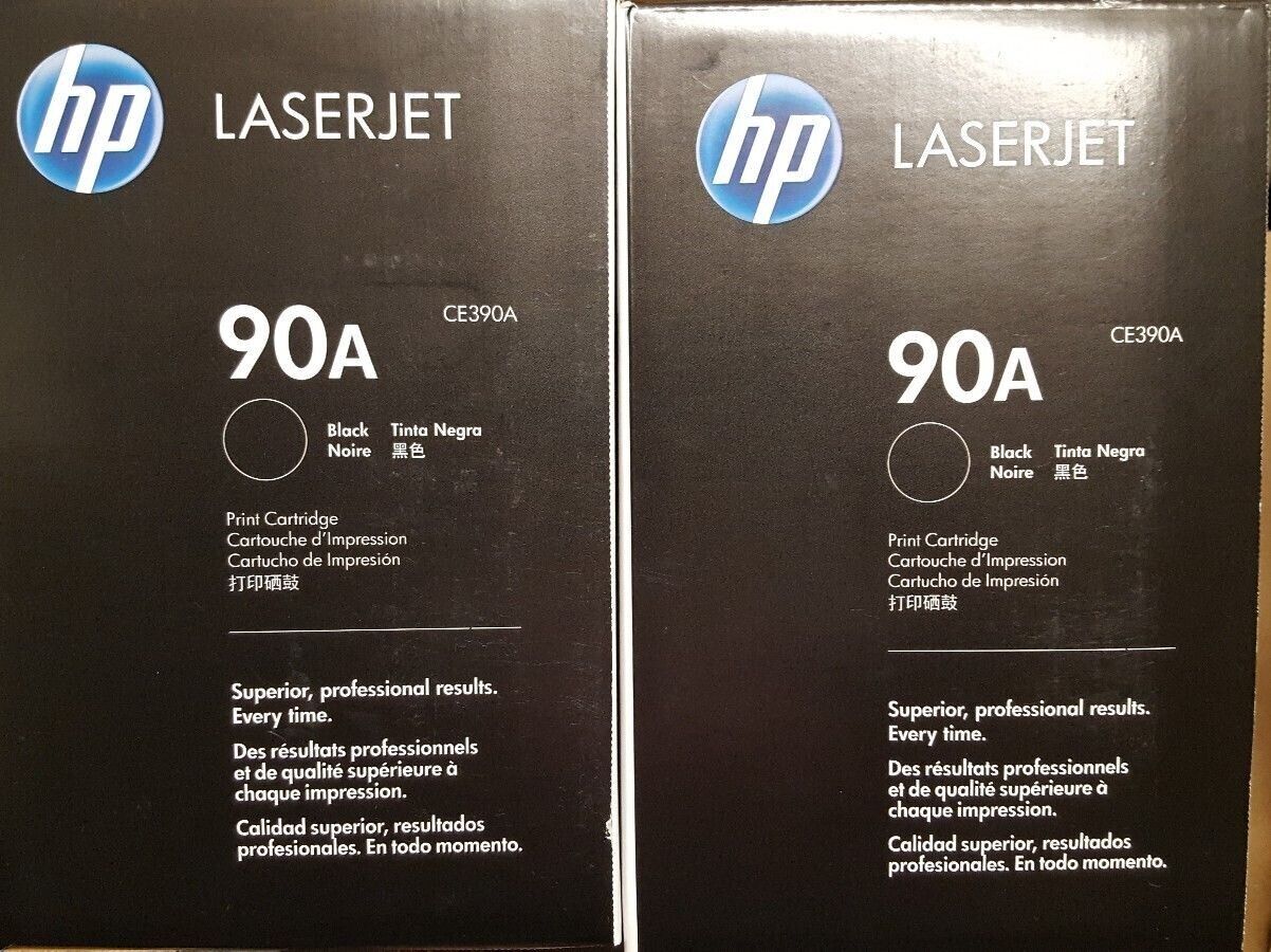 2 NEW Genuine HP CE390A Toner Cartridges 90A Black Box OPEN BOX SEALED BAGS