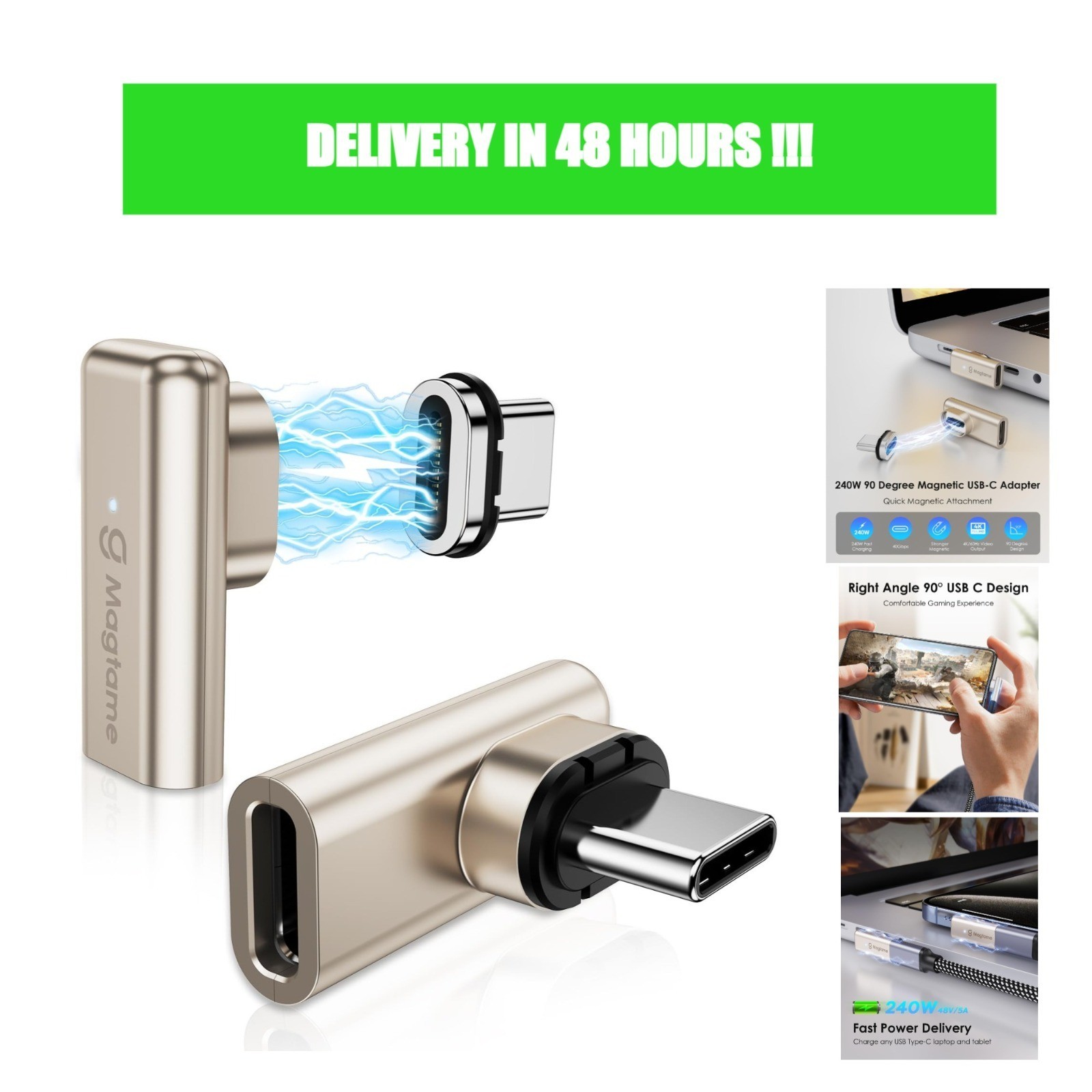 USB-C Magnetic Right Angle Adapter 2-Pack 240W 40Gbps 4K 90 Degree