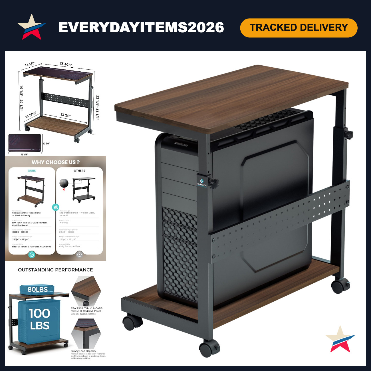 Height Adjustable PC Stand Cart, 2-Tier Rolling Metal Tower for Gaming & Office,