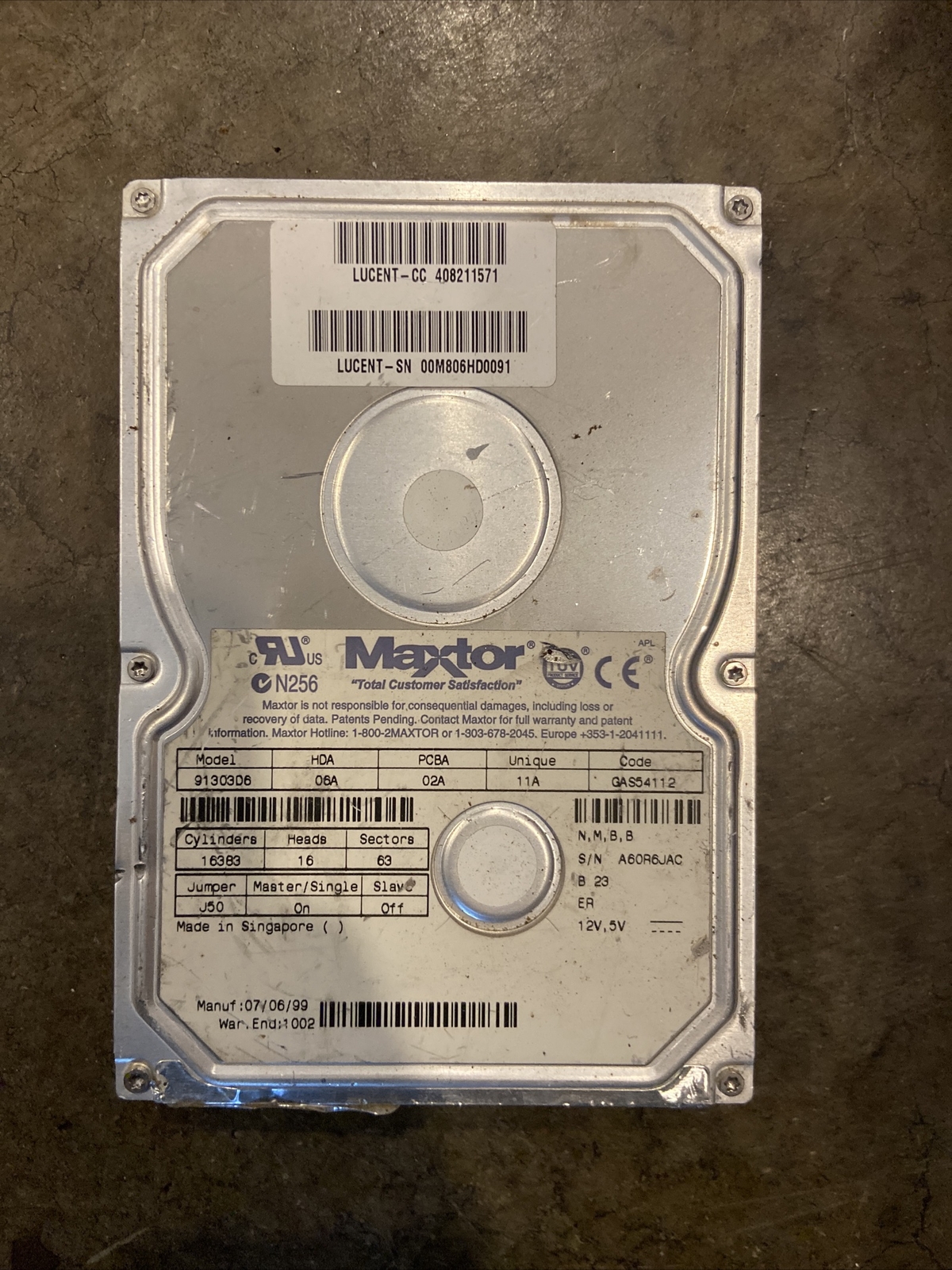 Maxtor 13GB IDE 3.5 Hard Drive 91303D6, Code GAS54112