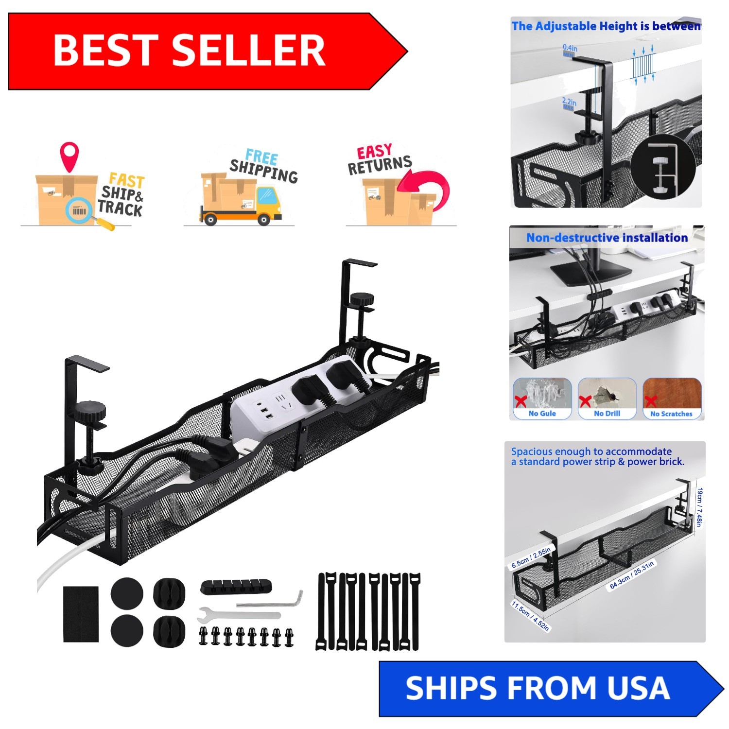 Sleek Black Under Desk Cable Organizer - 25.3 Inches, Multi-Functional Design